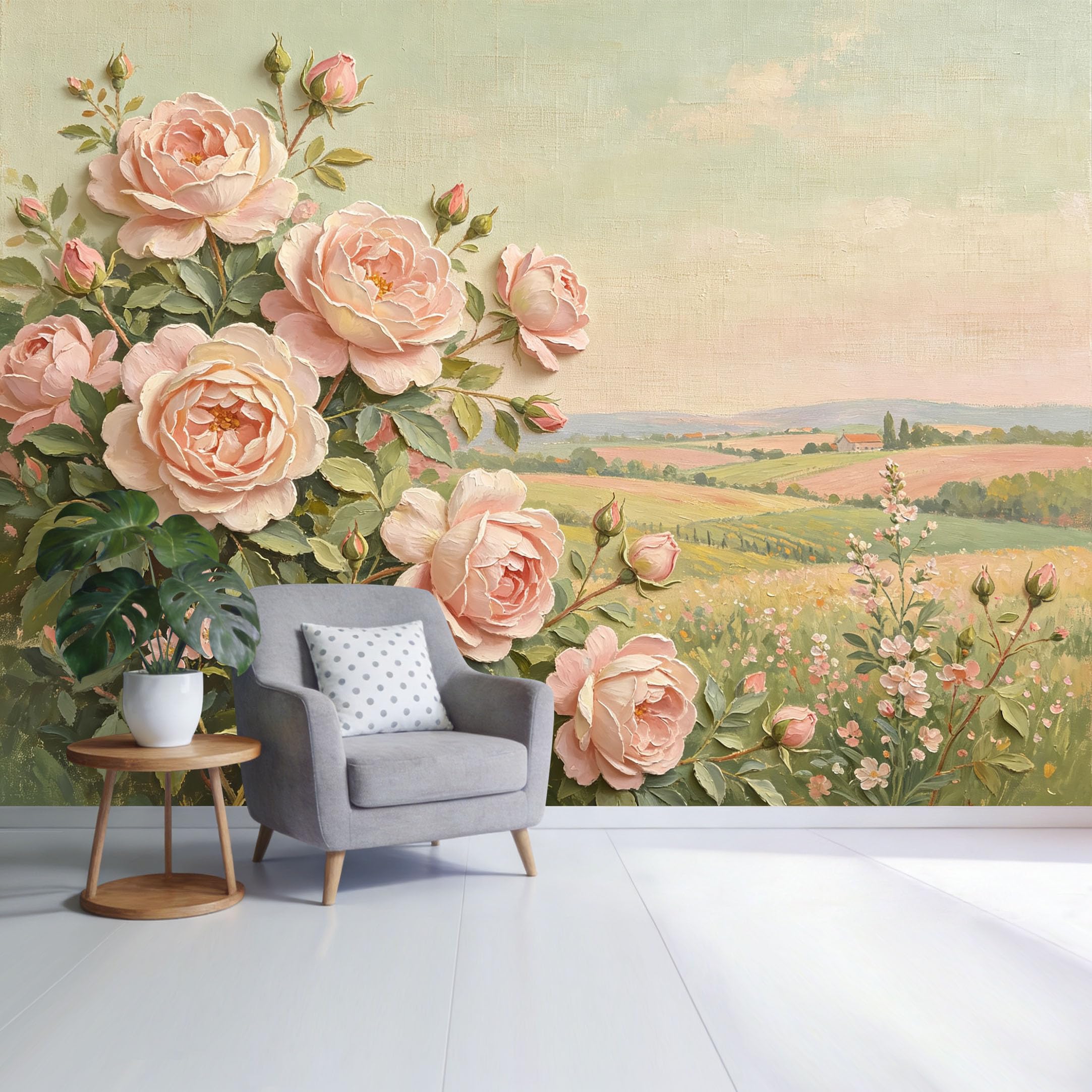 Custom Size Wall Mural Pastel Rose Garden Countryside Landscape Oil Painting Botanical Style SelfAdhesive Wall Fabric Removable Wallpaper for Home Office Decor