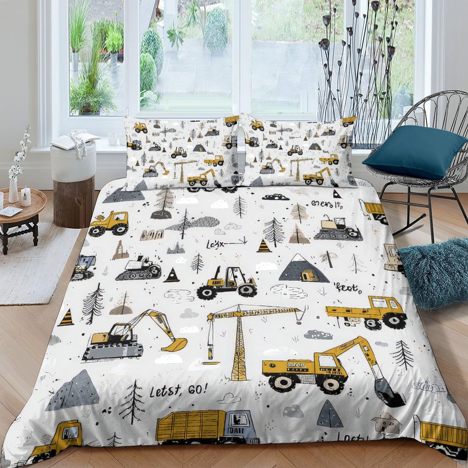 Ctjqhvkz Style-7 3D Printed Construction Truck Fitted Sheet Microfiber Soft Yellow Excavator Bed Cover For Bedroom Dorm Mattress Decor Single（135X200cm）