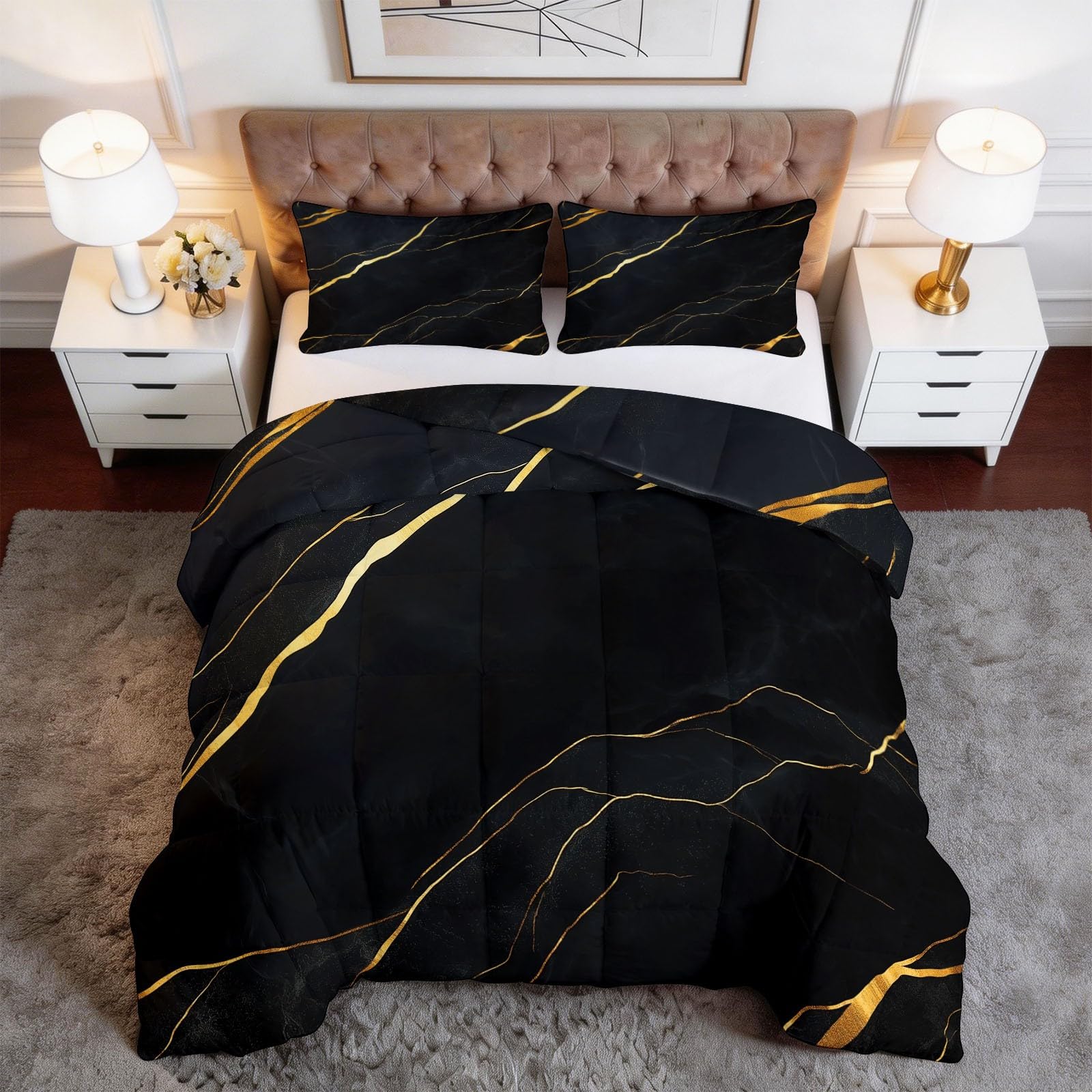 CozyRest Edredon Relleno nordico Cama Infantil Algodón - Mármol Negro Lujo - Bebe rellena Juego de Manta con Almohada 50 x 75 cm por niños e niñas