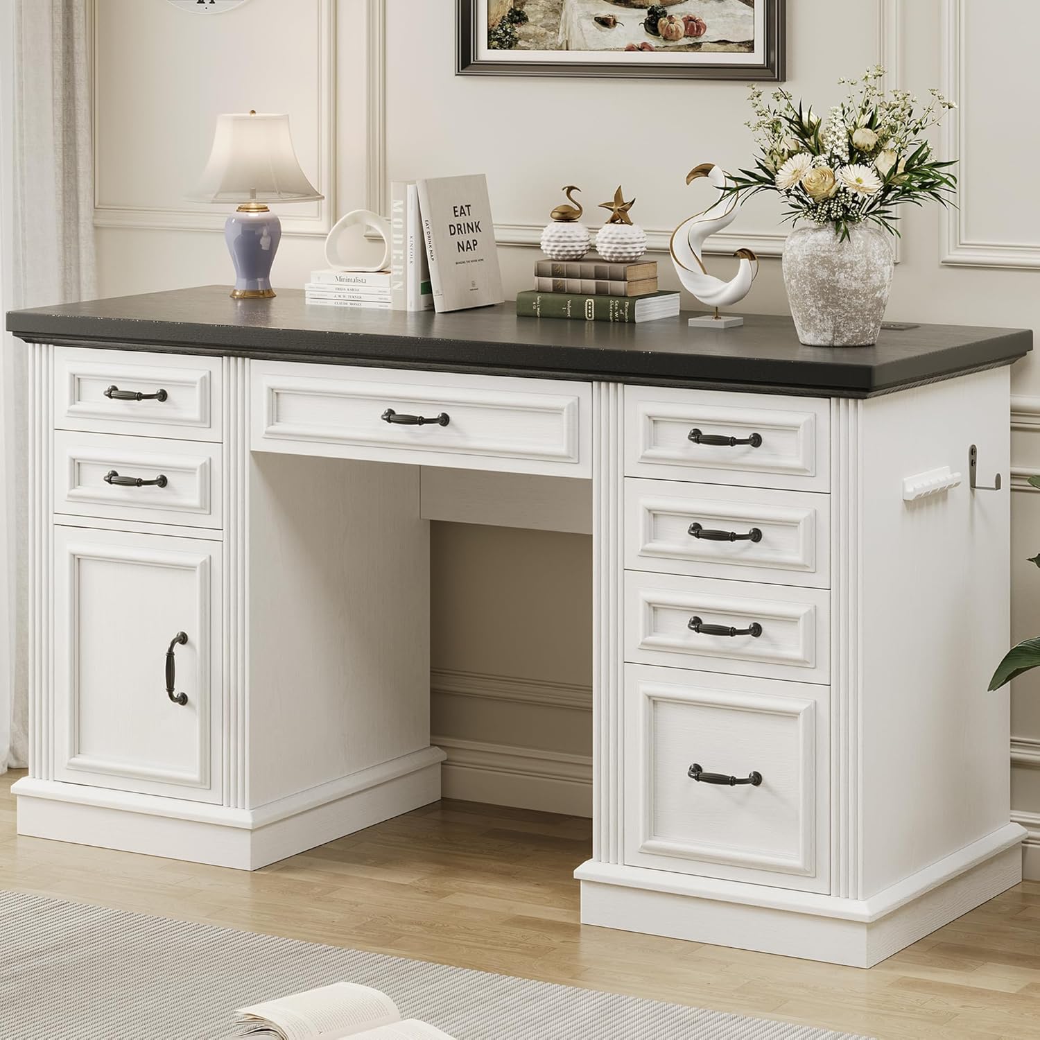Farmhouse 57" Executive Desk with 7 Drawers and Charging Station, Home Office Computer Desk with File Cabinet Storage and Headphone Hook for Work, Study, Antique White