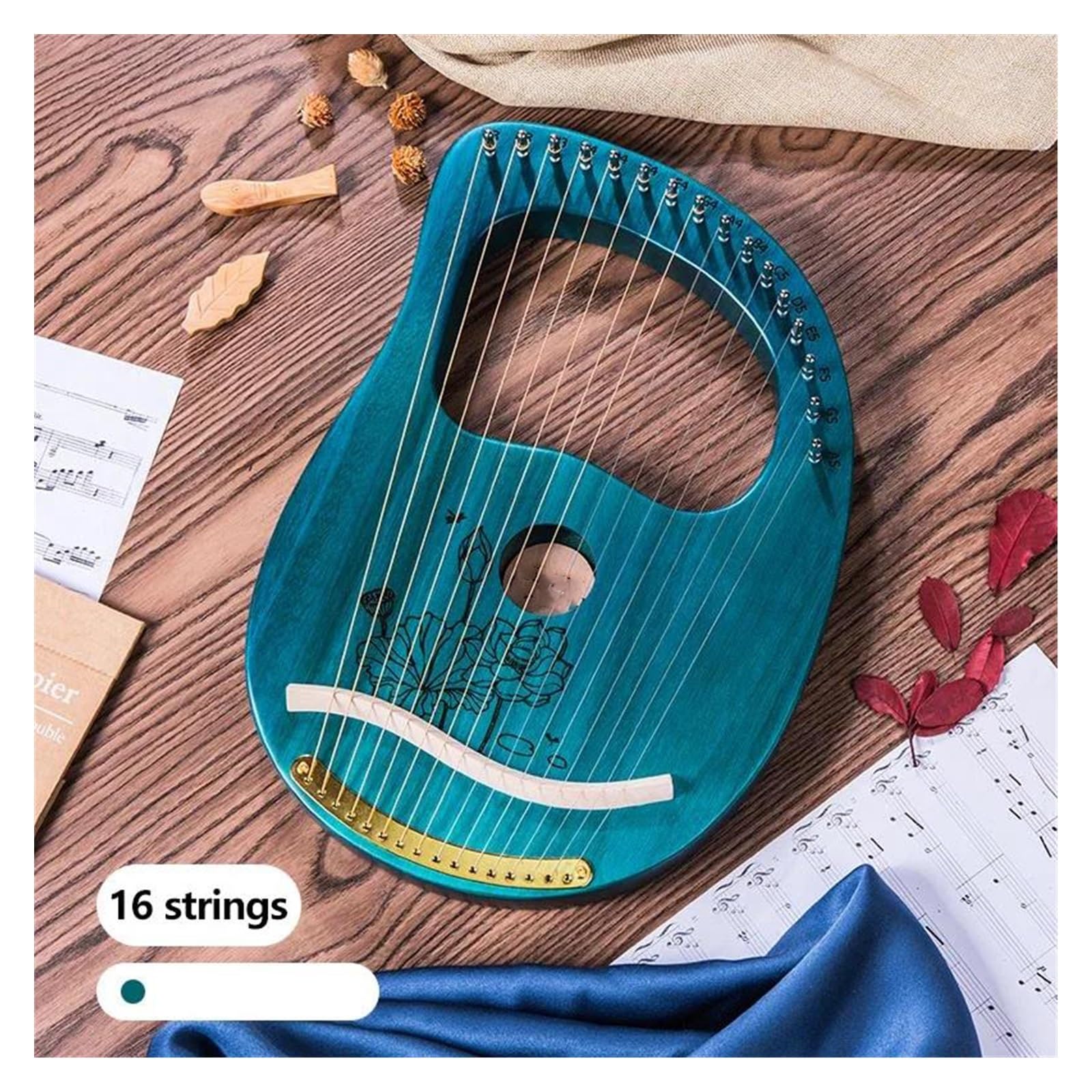 harfe instrument Blaue Lyra-Harfe 16 Saiten Klavier Musikinstrument Holz Mahagoni Mit Hübschem Aufdruck Und Stimmschlüssel Schwarze Tasche(16 Blue)