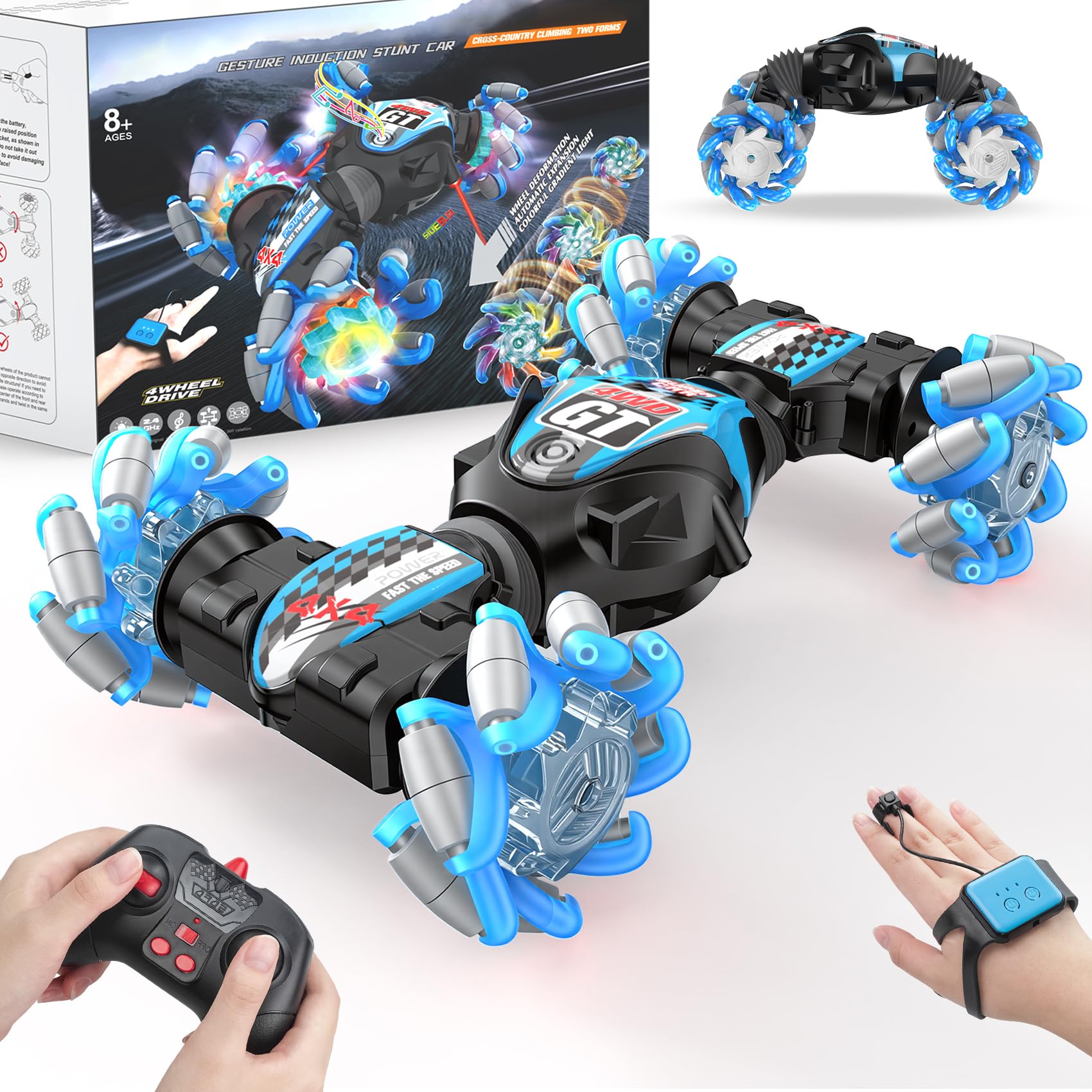 1:12 Gesture Sensing RC Stunt Car, 2-in-1 Hand Controlled Remote Control Twist Cars with Light & Music, 4WD 360° Rotate Transform Drift, Gifts for 6-8-12 Kids Age 6 7 8 9 10 11 12 Yrs Old‌(Blue)