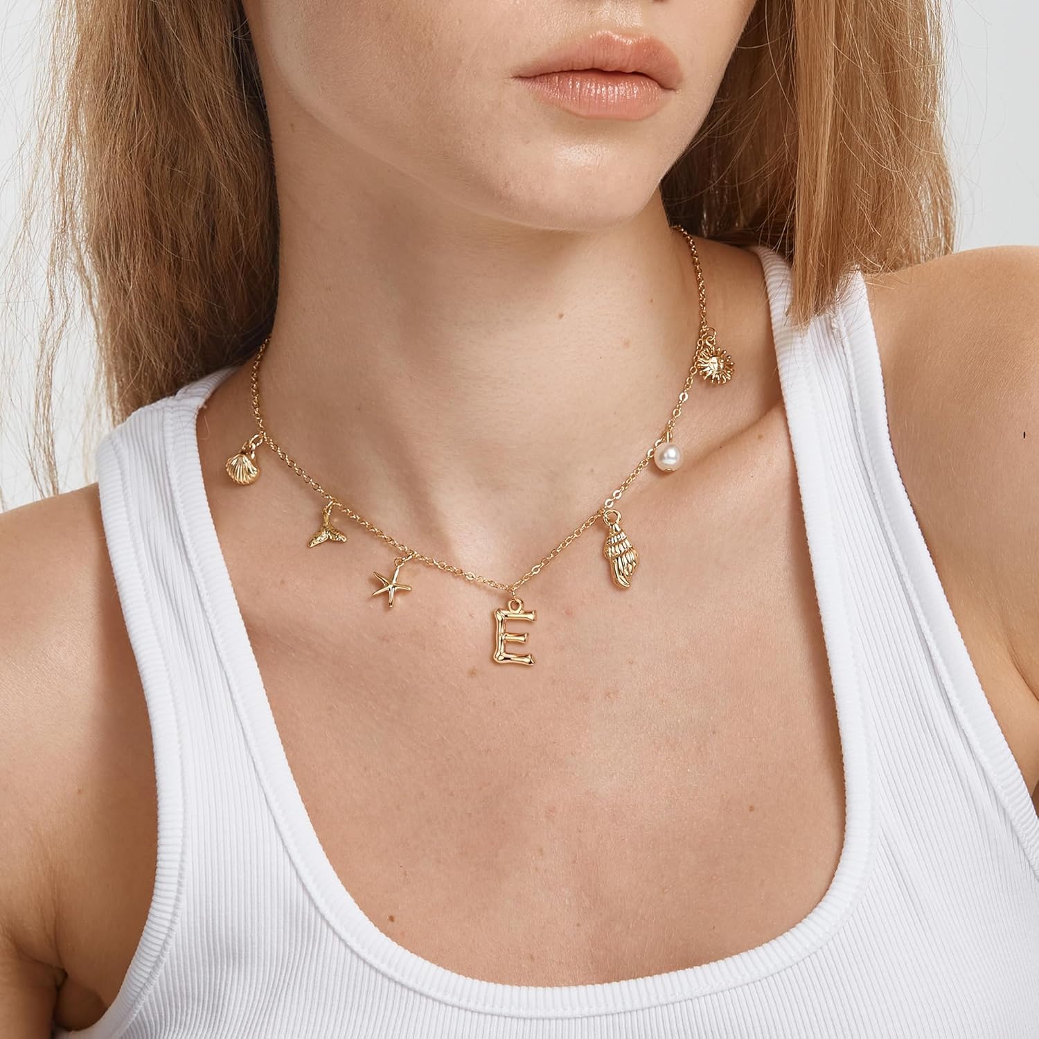 FANZE Initial Necklaces for Women, Personalized Letter Pendant Necklace, Ocean Seashell Starfish Jellyfish Faux Pearl Adjustable Link Chain, Summer Beach Surfer Boho Charms Alphabets Jewelry Gifts - Image 2