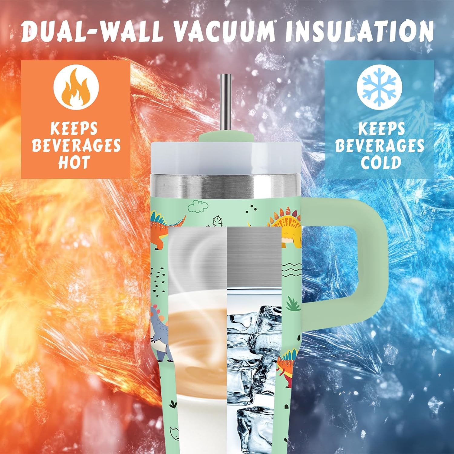 Dinosaur Stuff, 14 Oz Dino Tumbler with Handle & Straw, Thanksgiving Christmas Birthday Gifts for Daughter Son, Dinosaur Vacuum Insulated Tumbler for Son, Dino Cups with Lids, 1 PCS - Image 4