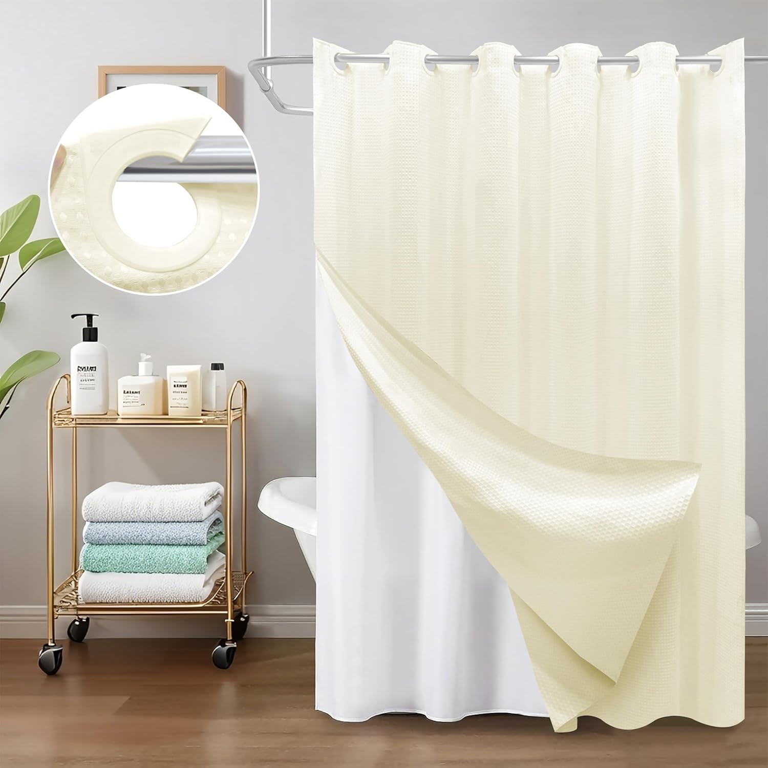 Inhousolu No Hook Waffle Weave Shower Curtain with Removable Snap in Fabric Liner Set for Bathroom, 230 GSM Heavy Duty Weighted Hem, Water Repellent Washable Bath Curtains, 72 x 78 Inch, Ivory