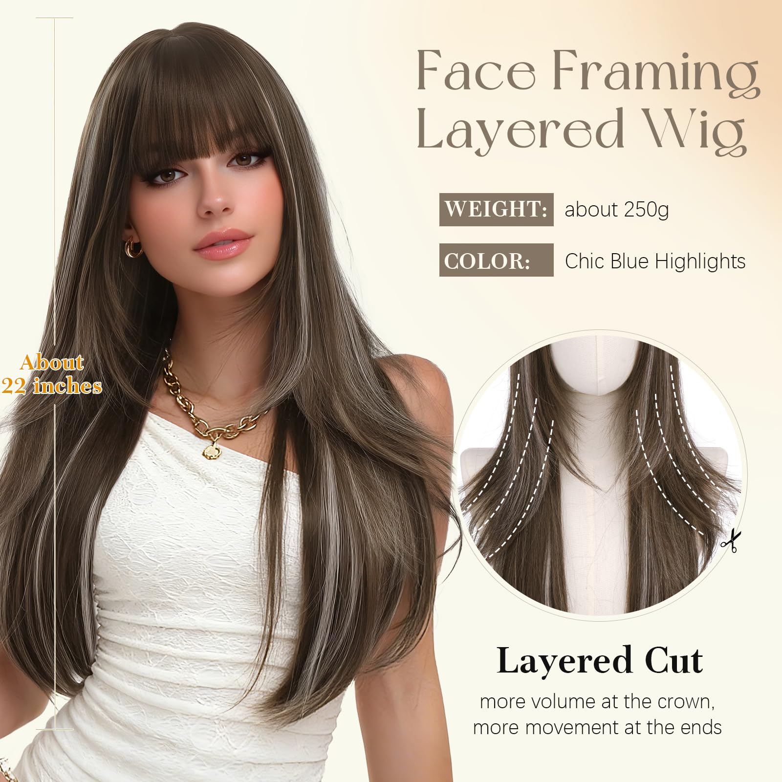 Sofeiyan Parrucca Marrone Scuro con Riflessi Cenere-Oro Lunga con Frangia,65 cm Parrucca Capelli Lisci per Donna,Capelli in Fibra Sintetica Naturale,Parrucche a Strati per Quotidiano Feste Cosplay