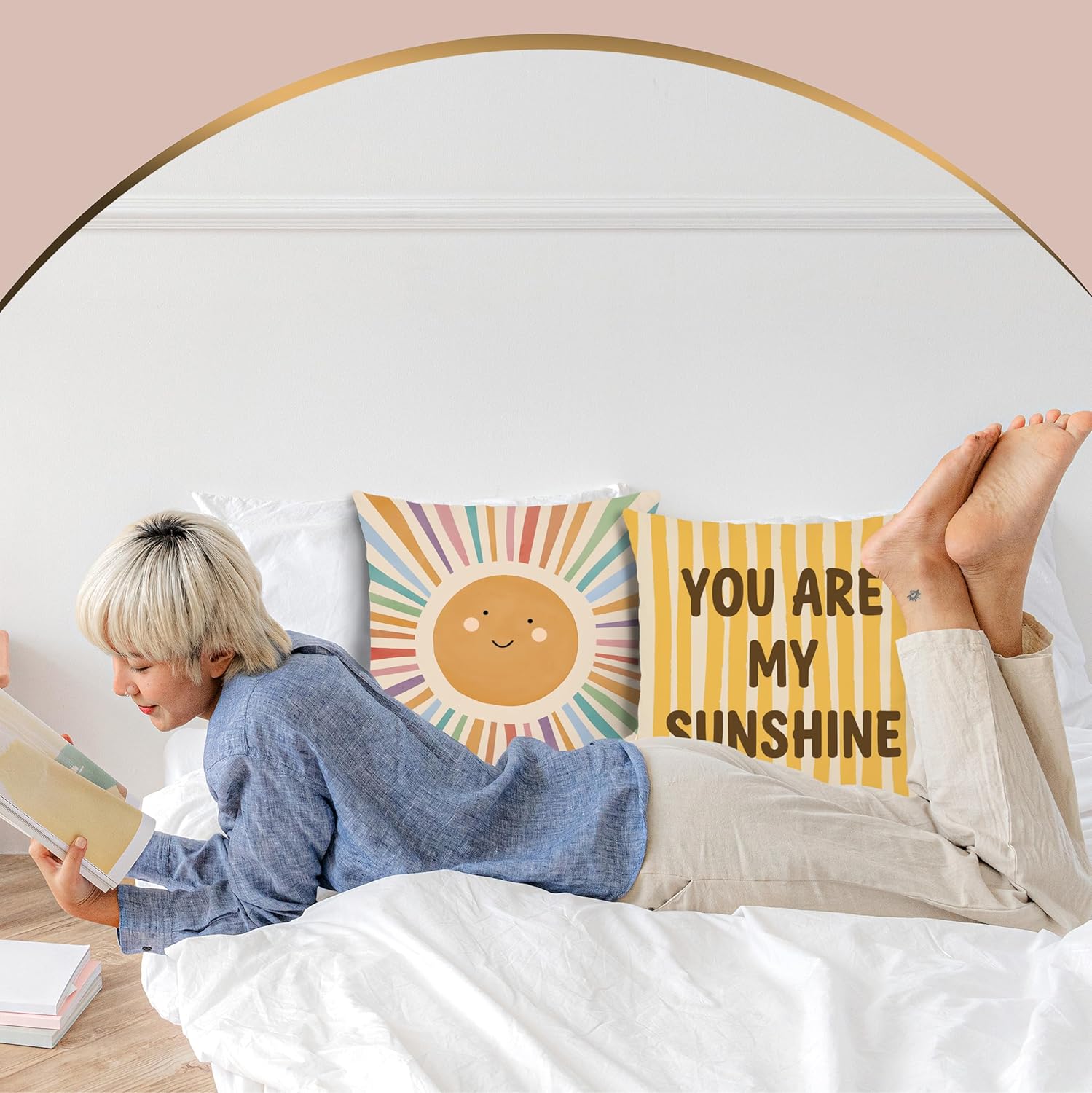 You are My Sunshine Inspirational Pillow Covers 18x18 Set of 2, Boho Kids Room Nursery Decor, Boho Colorful Smile Sunshine Yellow Striped Decorative Throw Pillow Covers - Image 6