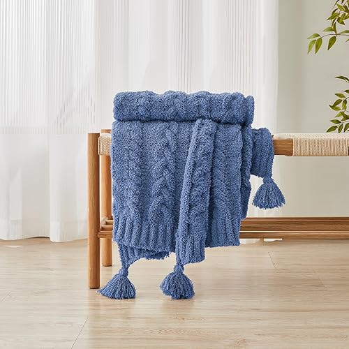 Miniatura 3 de HORIMOTE HOME Manta de felpilla de punto grueso para sofá con borlas, manta suave y acogedora para sofá, silla y cama, color azul, 50 x 60 pulgadas