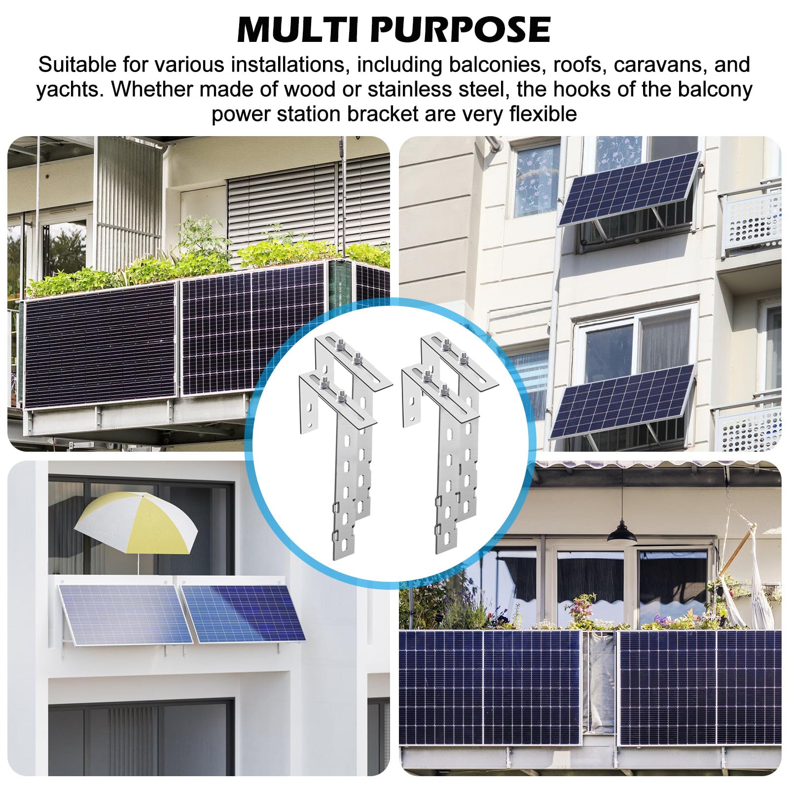 Uchwyt balkonowy do elektrowni balkonowych, 4 sztuki, regulowany uchwyt na panel słoneczny, mocowanie bez wiercenia, hak do mocowania, do elektrowni balkonowych, modułów solarnych, mocowanie do