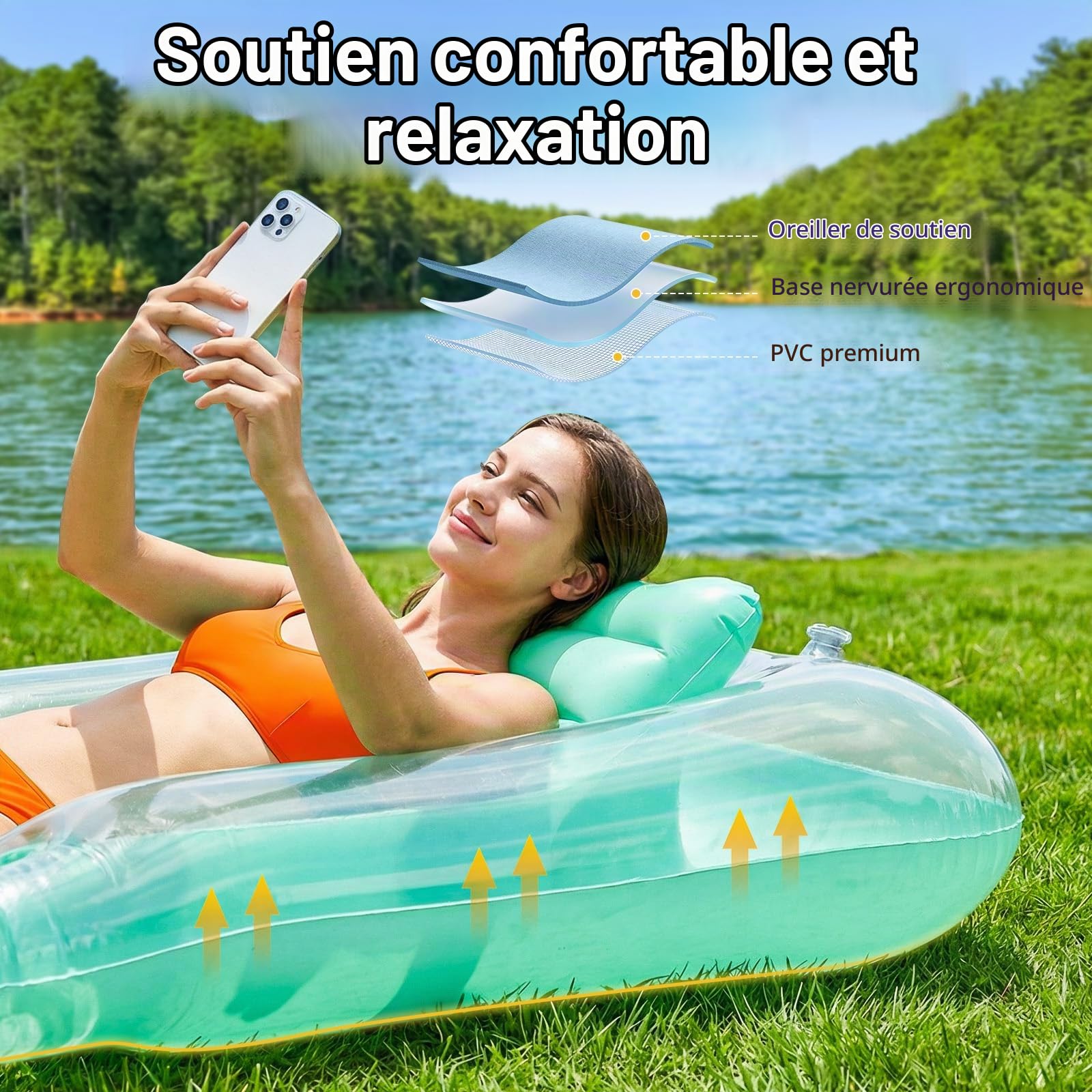 HeySplash Flotteur de Piscine Gonflable, Grand Bateau Flottant Gonflable pour Adultes avec Porte-Gobelet et Oreiller Détachable, Flotteur de Bronzage en Lac, Rivière, Eté, Vert Cristallin