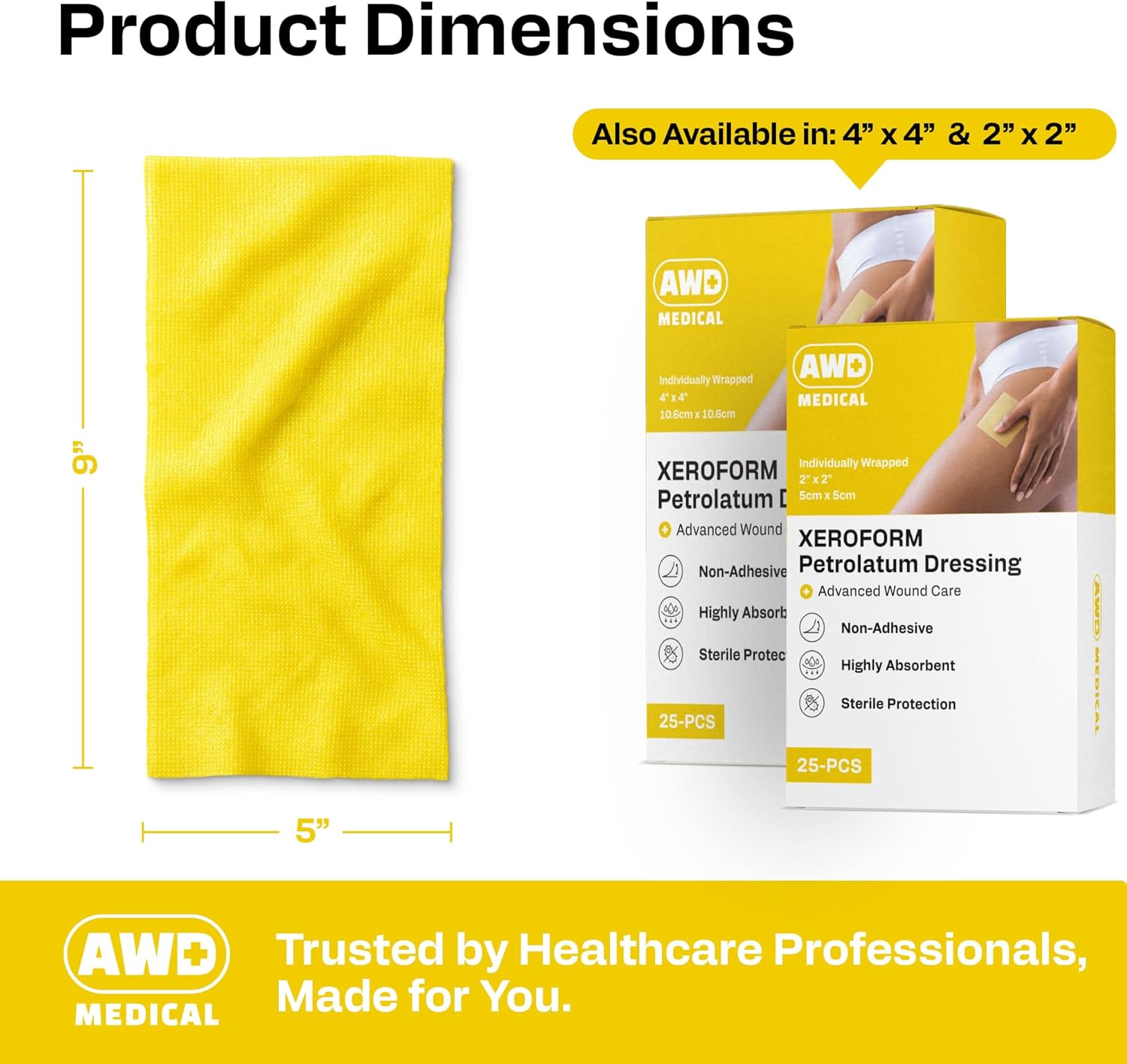 AWD Medical Xeroform Petrolatum Dressing 5x9 - Non-Adhering Gauze Pads - Fine Mesh Gauze Patch Sterile - Healthcare Supplies for Wound Care, Burns, Lacerations, & Skin Grafts Aide (Box of 25, 5"x9")