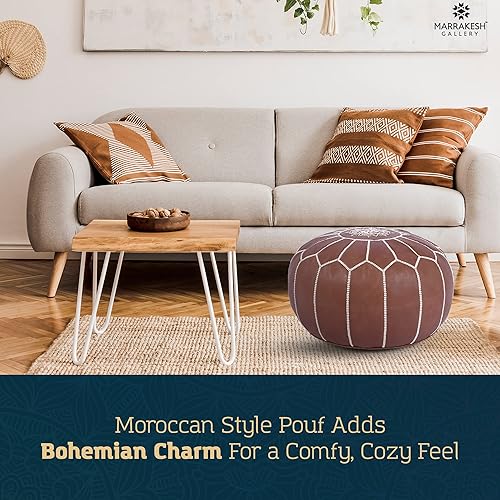 Miniatura 117 de Marrakesh Gallery - Funda de puf marroquí, otomana redonda y grande de piel, decoración bohemia para sala de estar, reposapies, sin relleno Marrón