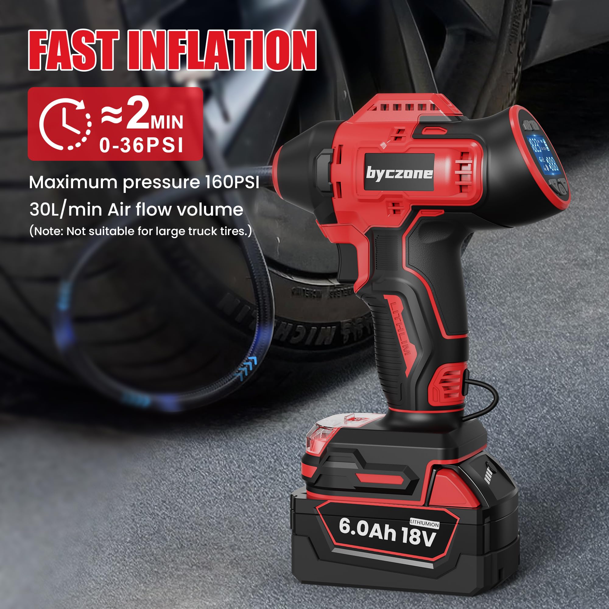 Reifenfüller, kompatibel mit Milwaukee 18 V max. Akku, 160 PSI kabelloser Luftkompressor mit 12 V DC Auto-Adapter, LCD-Digital-Manometer für Auto, Fahrrad, Sportball (ohne Batterie)