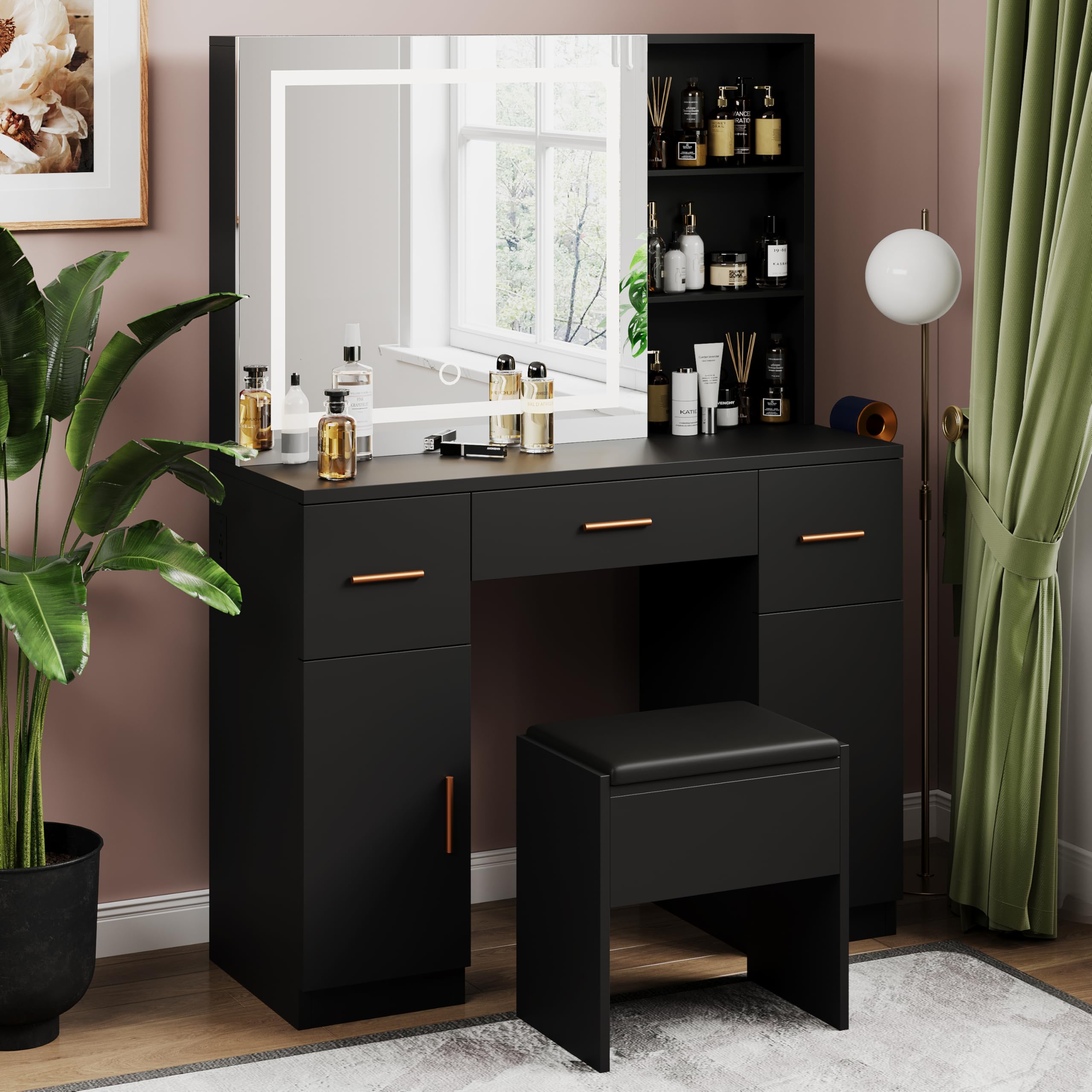ALISH Vanity Desk with LED Lighted Mirror, Makeup Vanity Set with Stool, Dressing Table with Drawers, Cabinet and Charging Station for Bedroom, Black