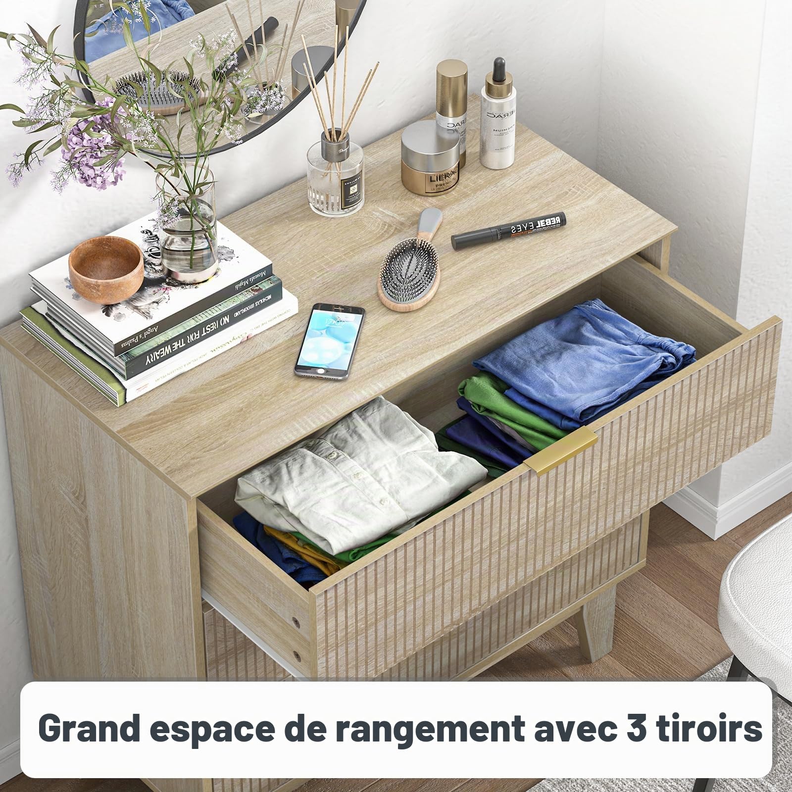 Commode en Bois à 3 tiroirs, Commode de Chambre pour Enfant, Adulte, Poignée en Métal, Antidumping, pour Chambre à Coucher, Salon, Chambre d'enfant et Bureau