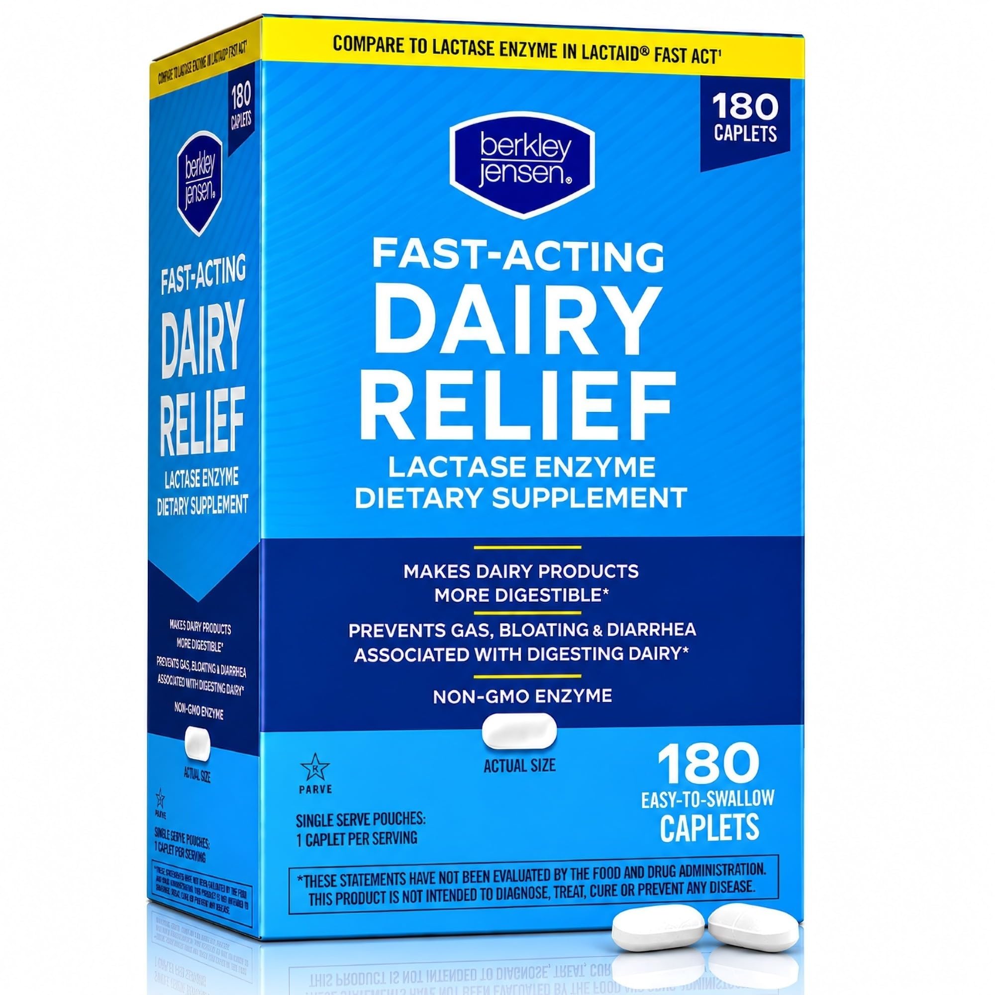 berkley jensen Maximum Strength Fast Acting Lactase Enzyme 9000 FCC - Natural Dairy Relief Digestive Supplement - Helps Prevent Bloating, Gas, Loose Bowels Due to Lactose Intolerance, 180 Tablets