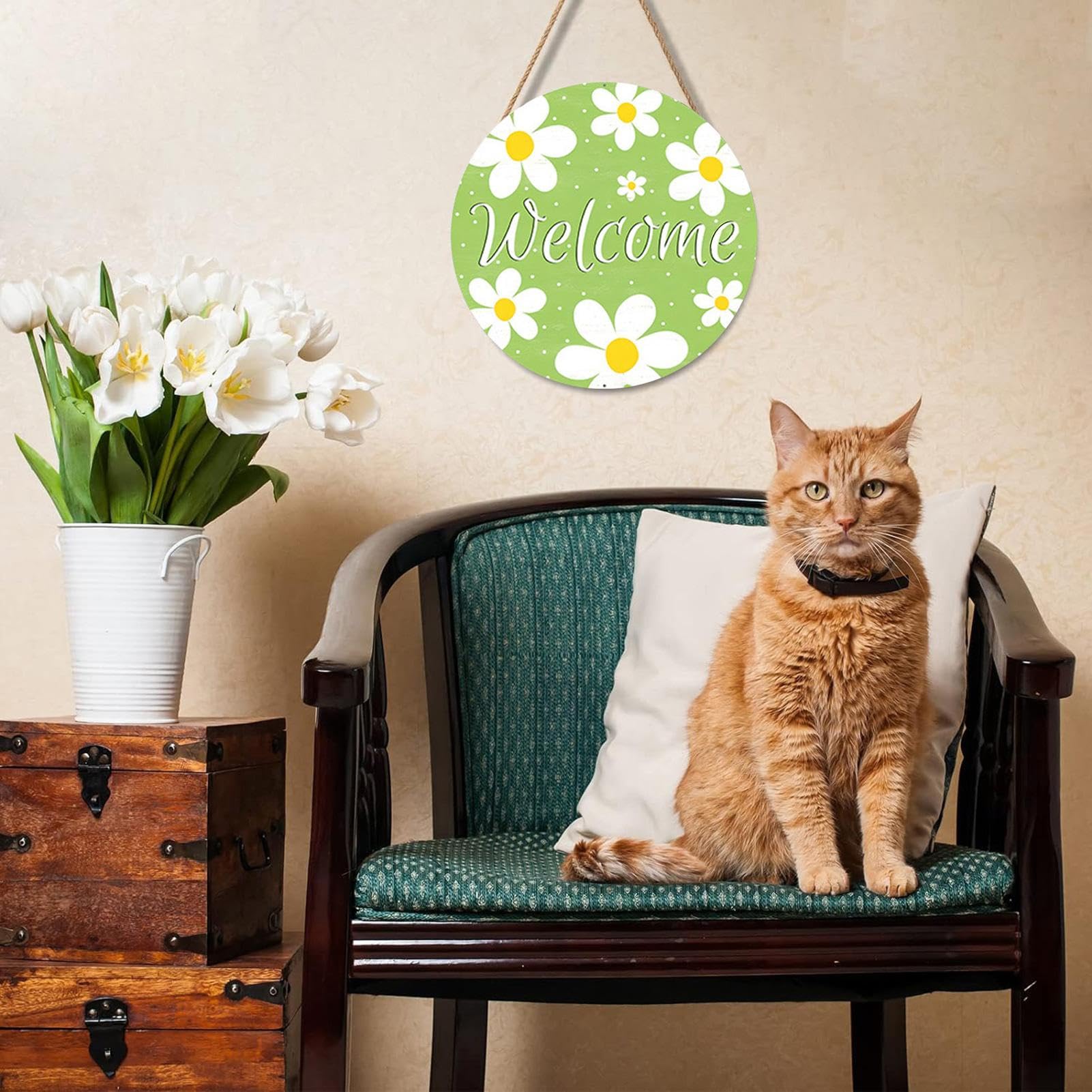 Cartello Di Benvenuto In Legno 30 Cm, Decorazione Porta D'Ingresso Con Scritta Welcome E Motivo A Corona Verde, Primaverile