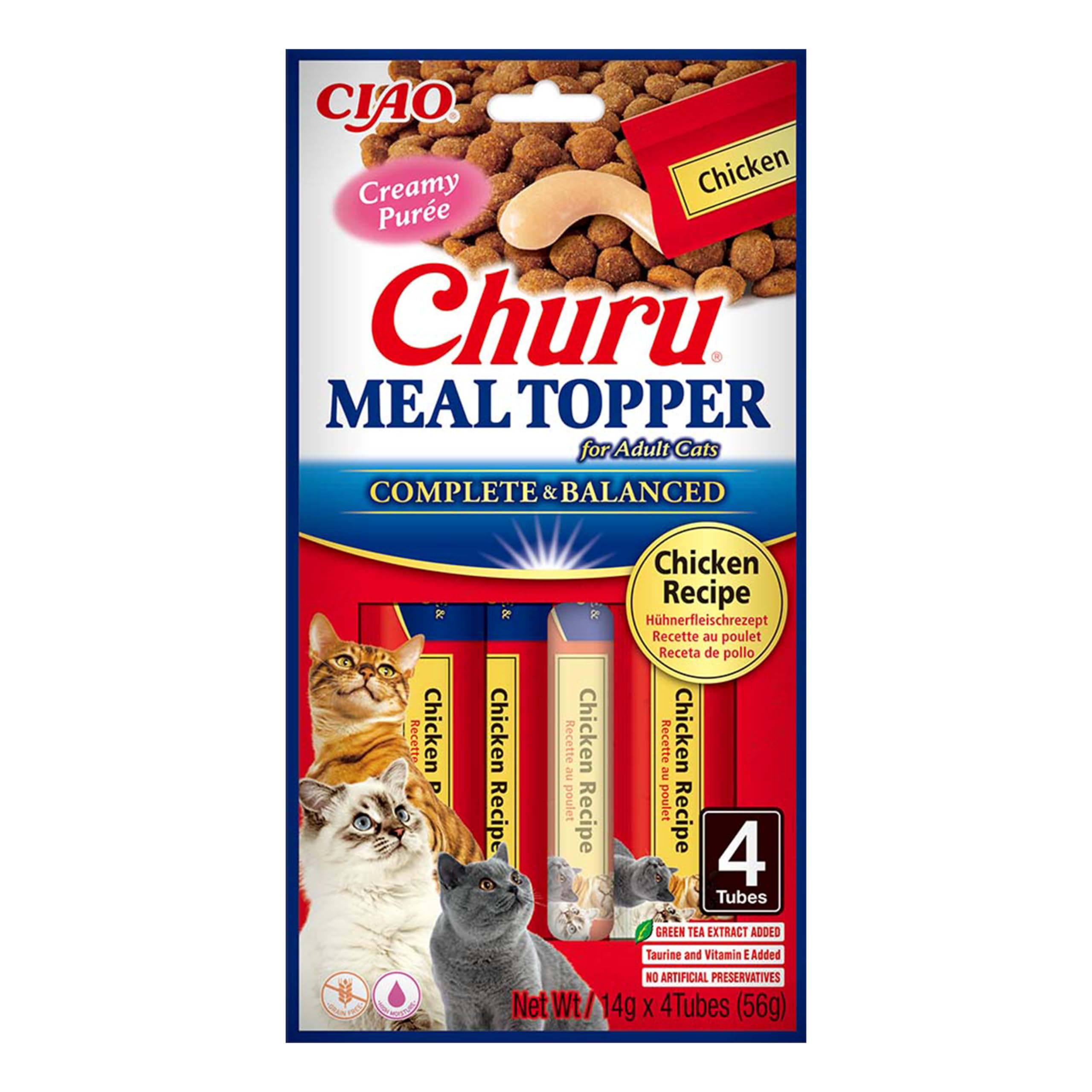 Churu Meal Toppers by INABA Cat Treat - Chicken Recipe (4 x 14g) / Soft & Creamy, Delicious & Healthy Purée Food Topper, Natural, Grain Free, Wet Cat Food