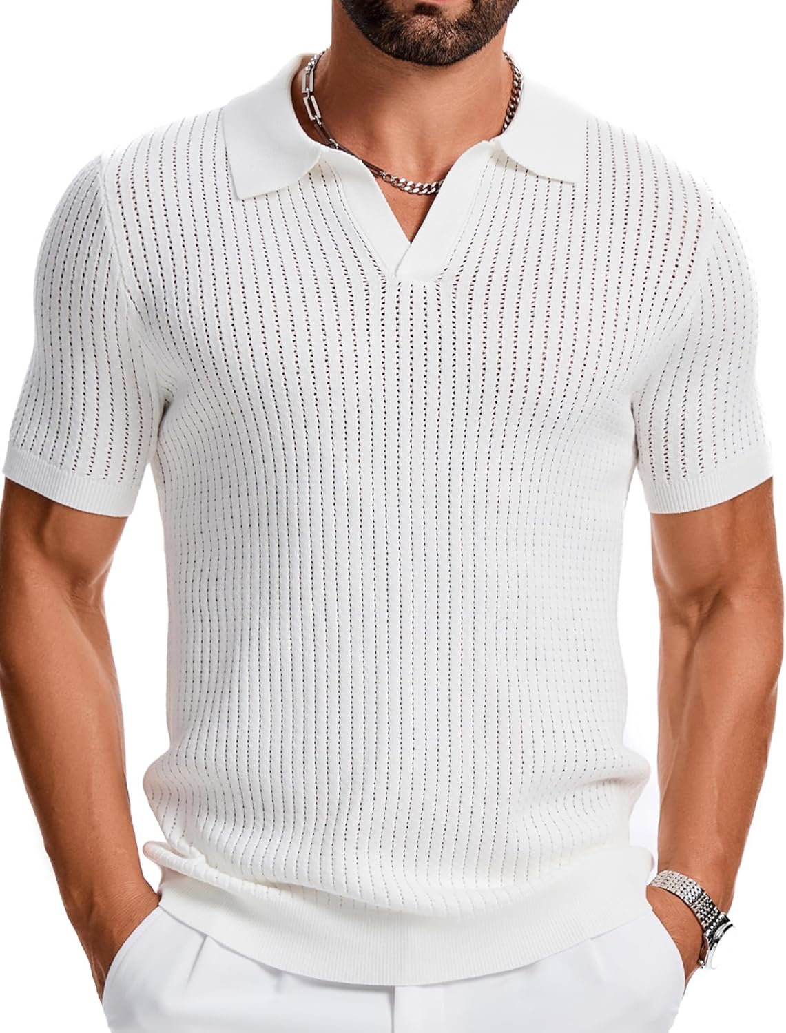 gigkik Mens Polo Shirts Ribbed Hollow Knit Polo Shirt Short Sleeve Muscle V Neck Golf Tees
