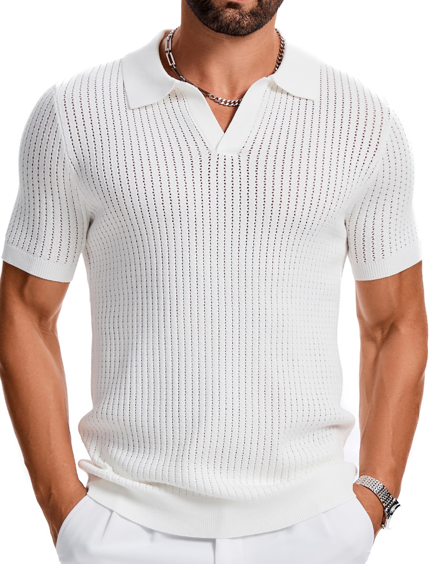 gigkik Mens Polo Shirts Ribbed Hollow Knit Polo Shirt Short Sleeve Muscle V Neck Golf Tees