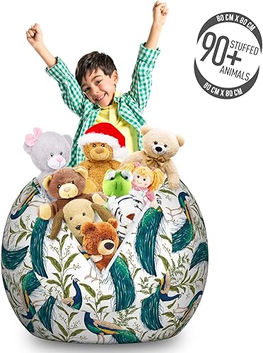 Miniatura 3 de Lunarable Silla de bolsa de juguetes de almacenamiento exótico, pavo real, flores y hojas, ilustración dibujada a mano vintage en estilo acuarela,