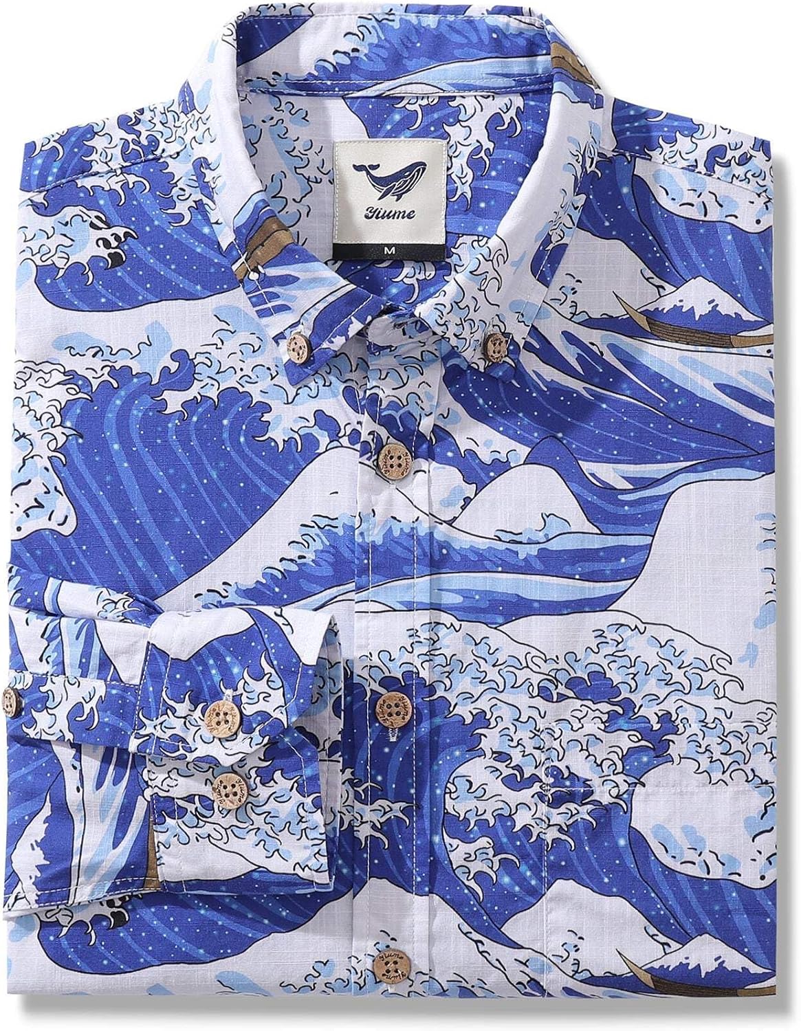 Men's Hawaiian Shirt Ocean Waves Japanese Ukiyo-e Print Cotton Button-Down Long Sleeve Aloha Shirts