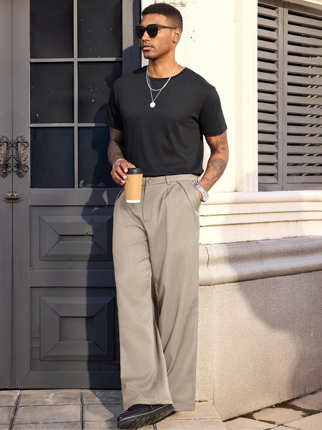 PLEPAN Men's Wide Leg Dress Pants Baggy Pleated Casual Trousers Relaxed Fit Elastic Waist Business Slacks - Image 3