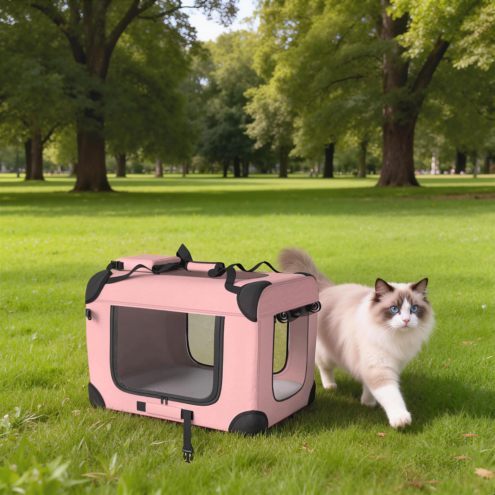 PawHut Transportín para Perros Plegable, 60x41,5x41 cm, Transportín para Mascotas con Ventanas de Malla, Cojín Suave y 2 Asas, Bolsa de Transporte para Mini Perros, Gatos, Rosa