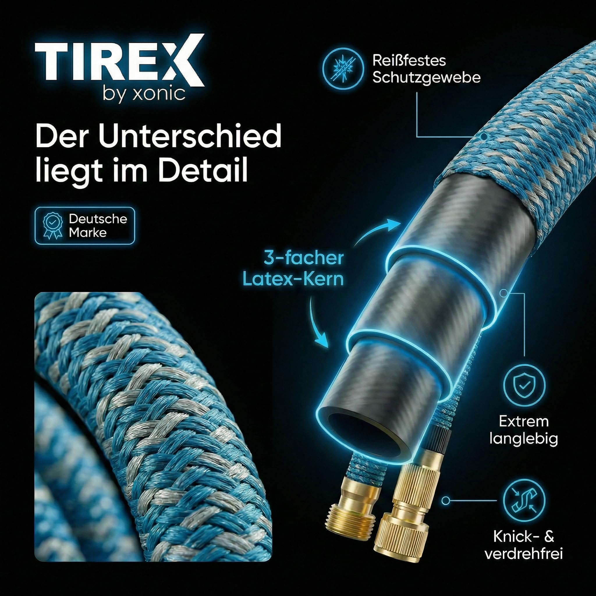 TIREX by xonic® Flexibler Gartenschlauch mit 10 verschiedenen Strahlarten – leichter Wasserschlauch flexibel mit 3-fach Latexkern – dehnbarer Flexschlauch/Gartenschlauch flexibel (Blau, 7,5m)