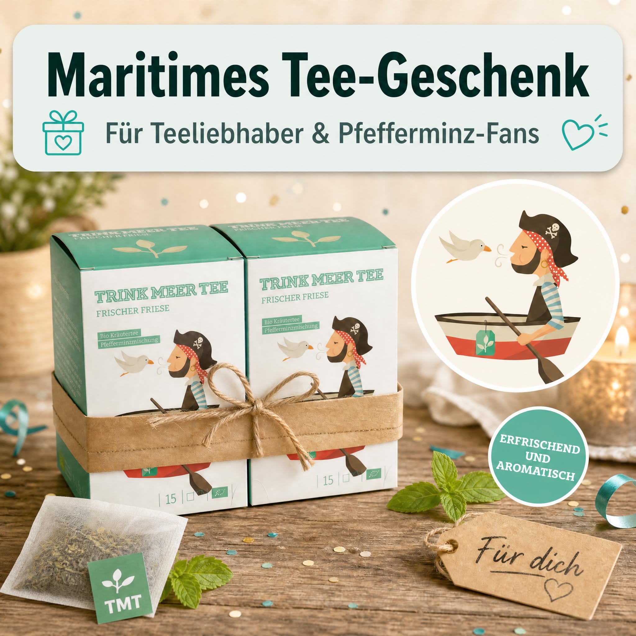 6 x Trink Meer Tee Pfefferminztee Frischer Friese Premium Kräutertee in Teebeuteln, erfrischend und aromatisch, handgenähte Kissenbeutel aus Netzmaterial, maritimes Design