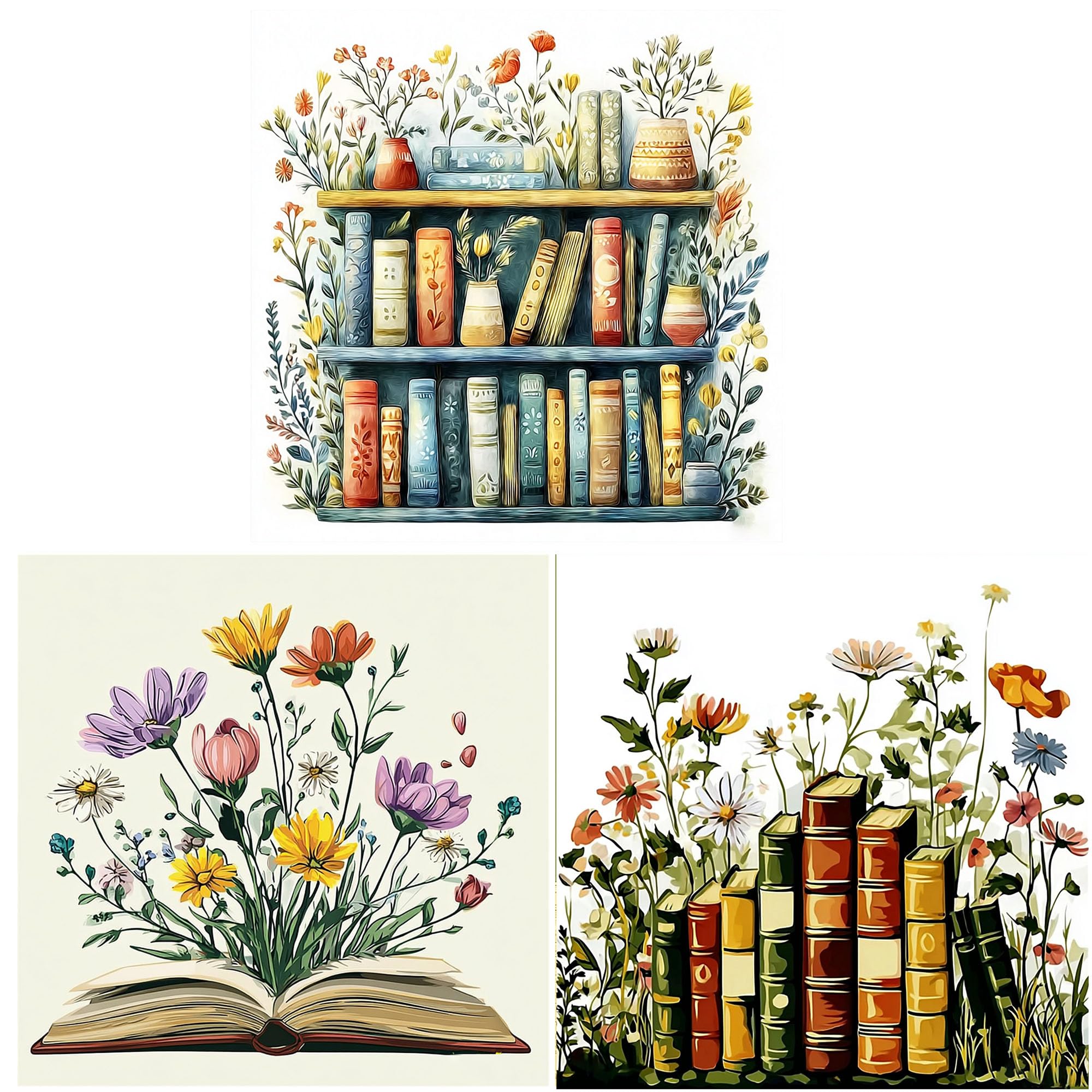 DIY 3 Pack Paint by Numbers Kits for Adults,Books Painting Kit on Canvas,Flowers Color by Numbers,Large Adult Paint by Number for Home Wall Decor,Gifts