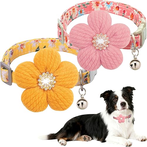 Miniatura 13 de Collar de perro pequeño con flor, collar de cachorro para perros hembras para perros pequeños, lindo collar de perro con campana, longitud ajustable