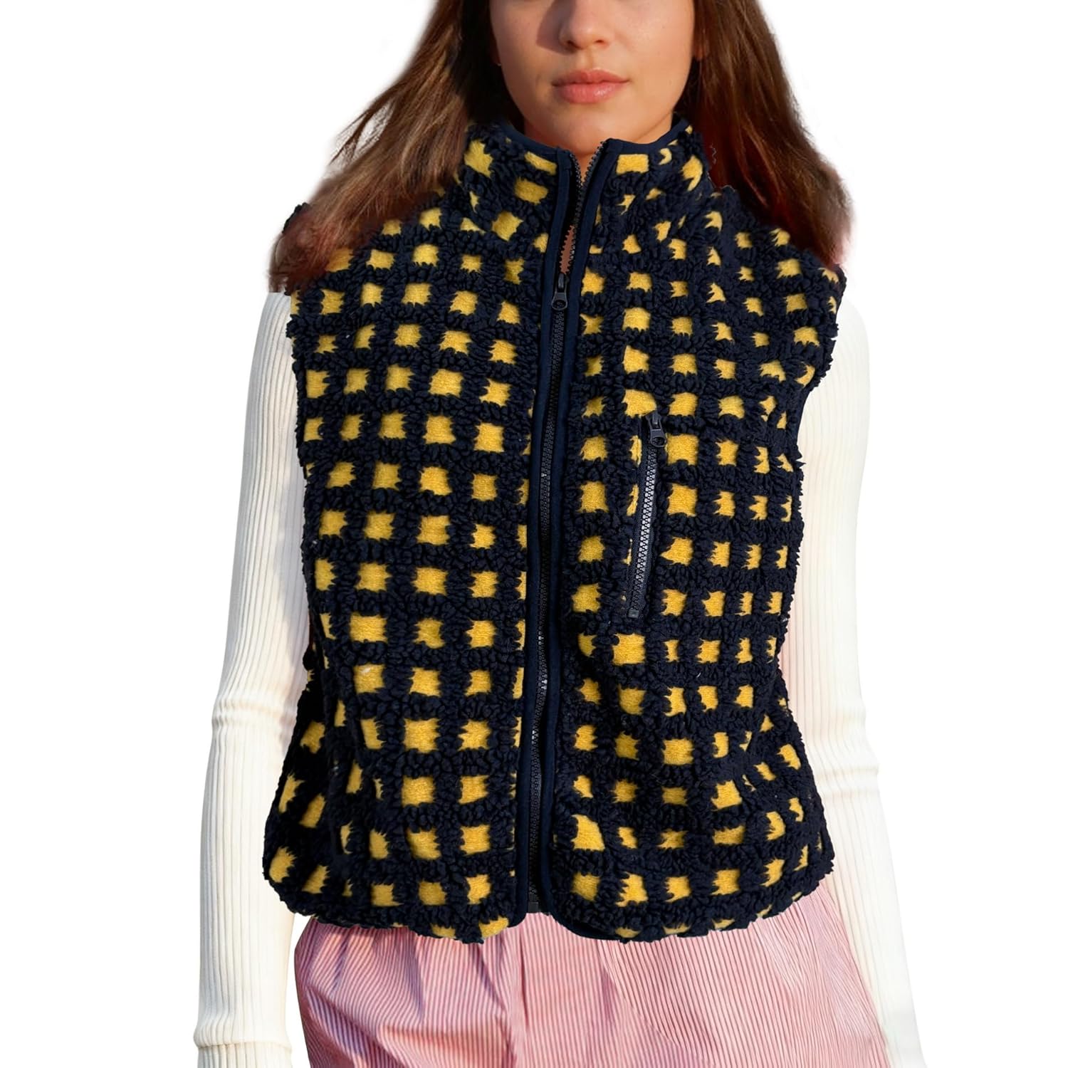 Songling Womens Checkered Sherpa Vest Fleece Winter Sleeveless Coat Zip Front High Neck Plaid Gilet with Chest Pockets