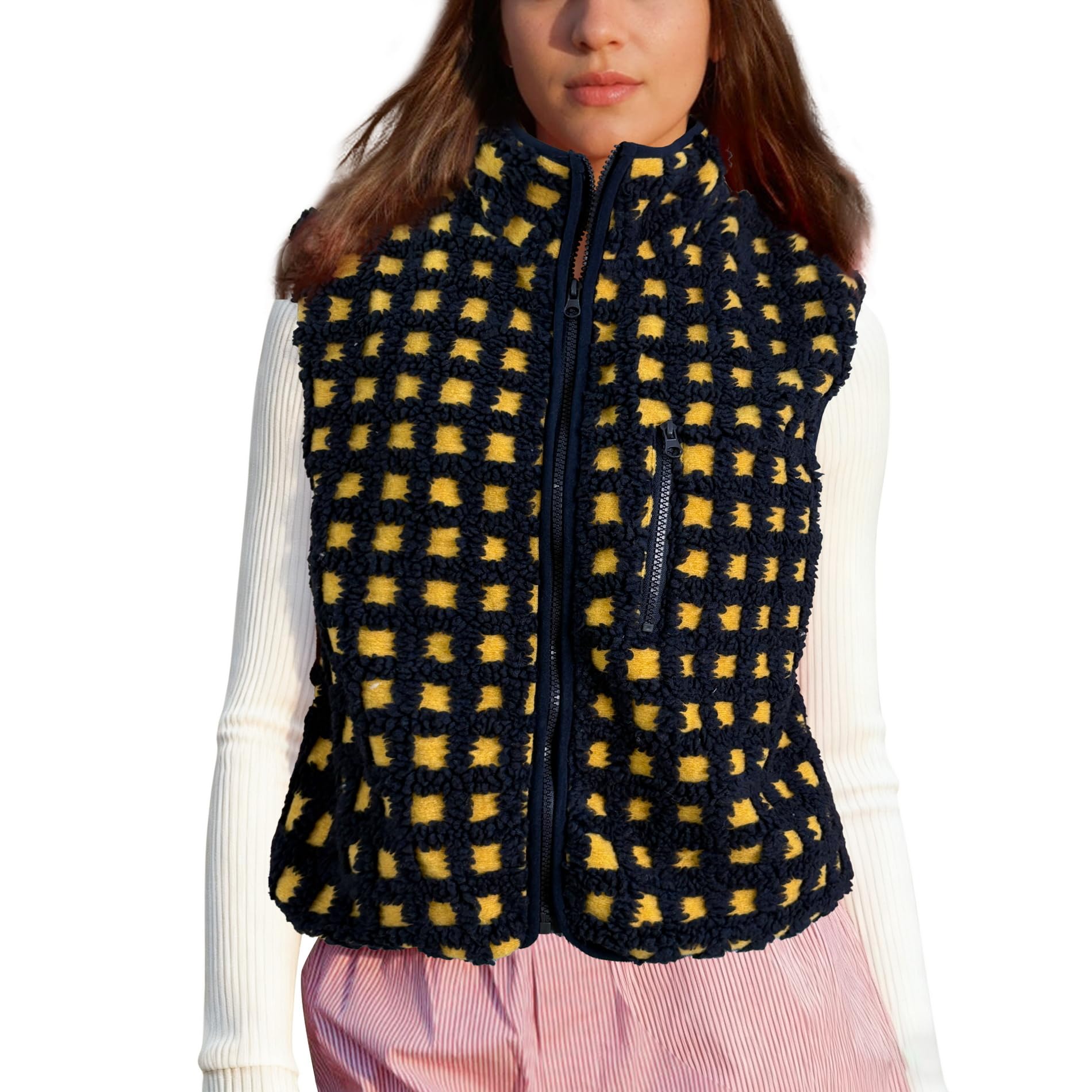 Songling Womens Checkered Sherpa Vest Fleece Winter Sleeveless Coat Zip Front High Neck Plaid Gilet with Chest Pockets