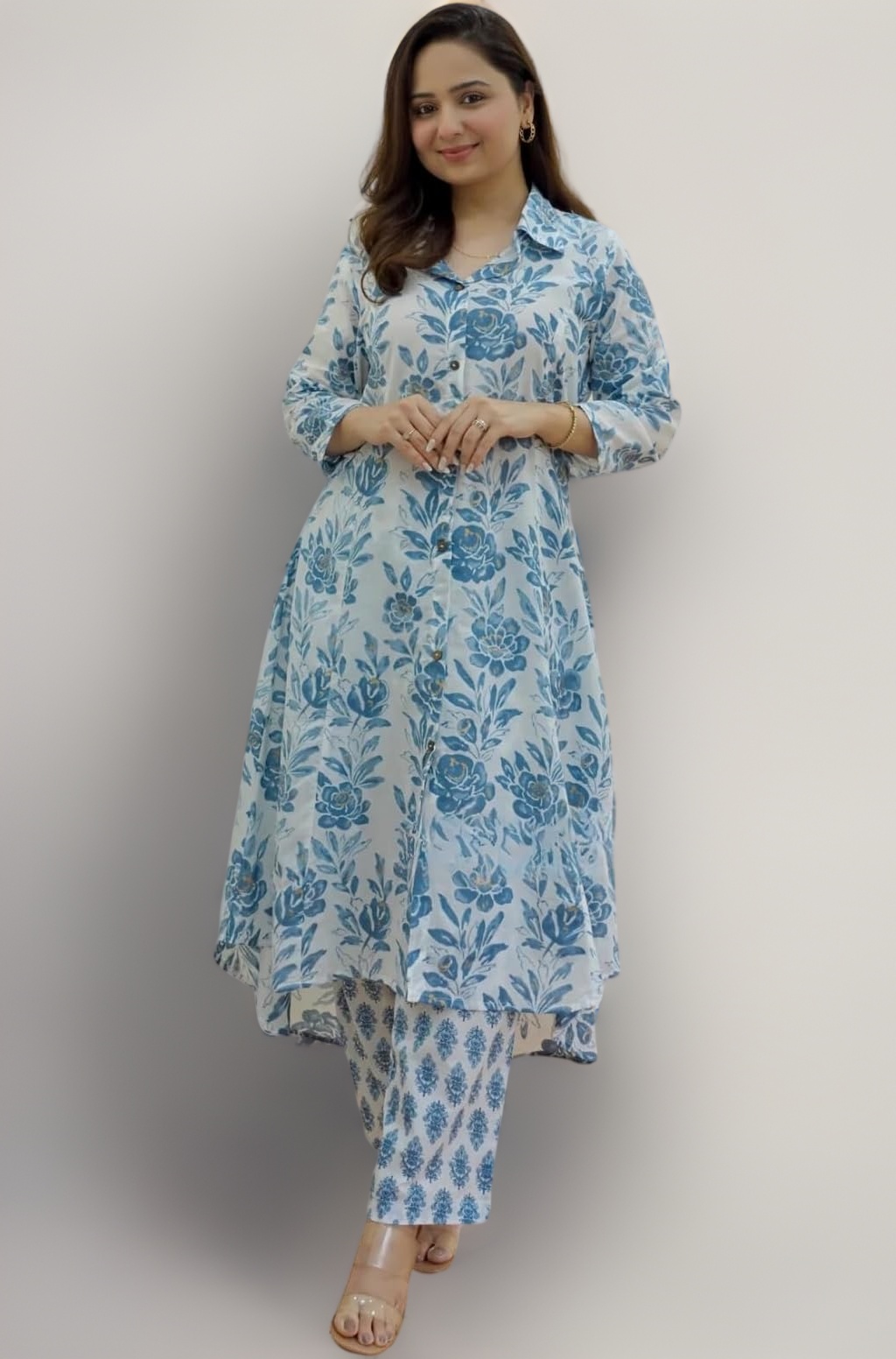 DHRUVI TRENDZ Anarkali Kurta-Set for Women – Viscose Rayon Printed Kurta & Straight Pant | Festive Ethnic Indian Traditional Outfit for Functions & Puja | Lightweight Two Piece Dress for Daily Wear & Holiday Look | 3/4 Sleeve