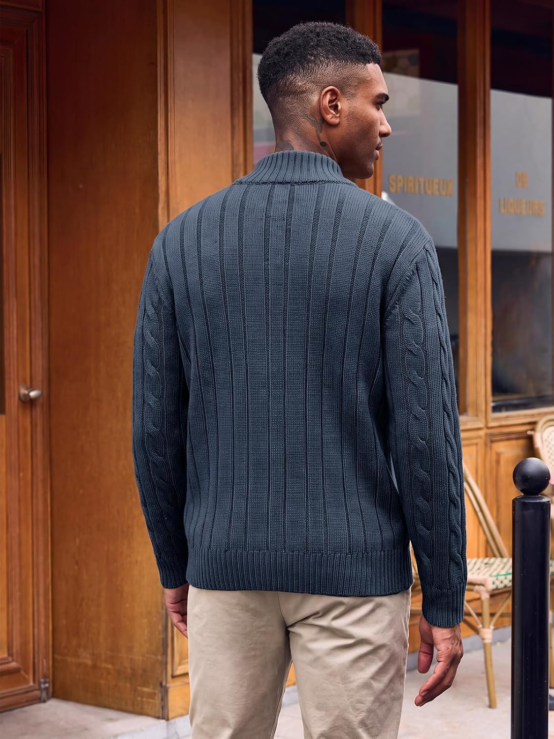 Runcati Mens Cardigan Sweater Cable Knit Stand Collar Button Down Sweaters