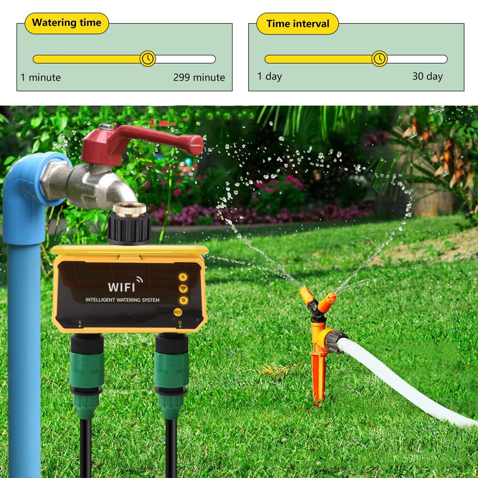 Timer Irrigatore Solare WiFi Sensore Pioggia Intelligente Filtro Acqua di Precisione per Giardino di Villa - Timer Irrigazione a 2 Zone