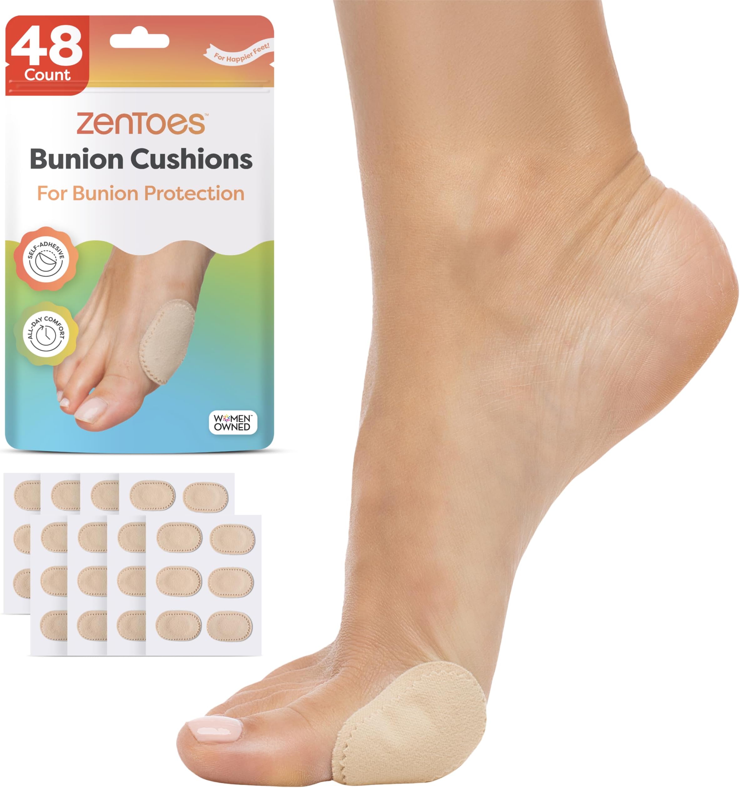 ZenToes Bunion Pads to Wear with Shoes – Waterproof Soft Bunion Cushion Protector, Breathable Adhesive Foot Pad for All Day Comfort & Support, 48 Count