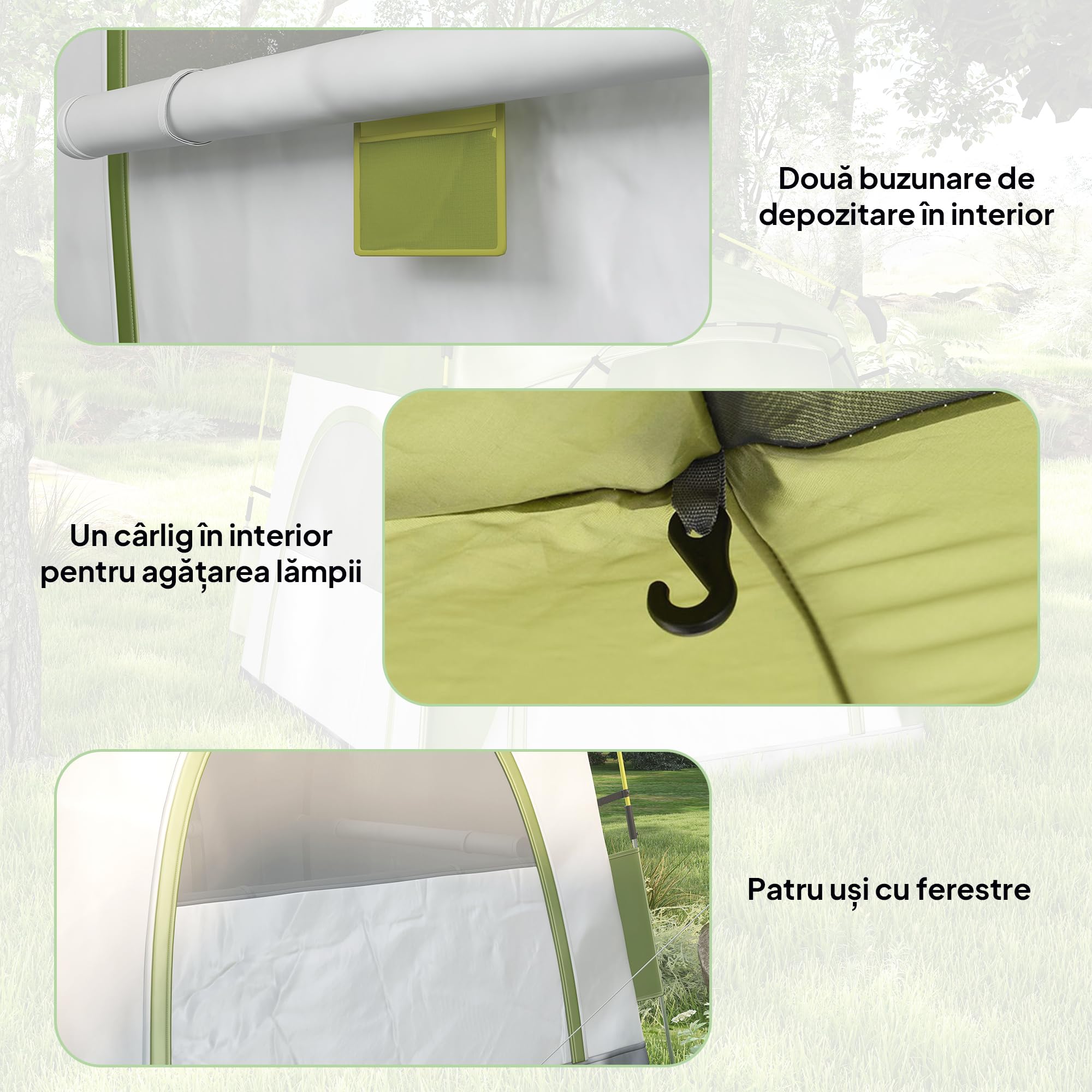 Outsunny Tenda Campeggio 3 Posti, Tenda a Igloo Pop Up con 4 Porte a Cerniera e 4 Finestre a Rete, Sacca di Trasporto Inclusa, Protezione UV, 240x240x199cm, Verde