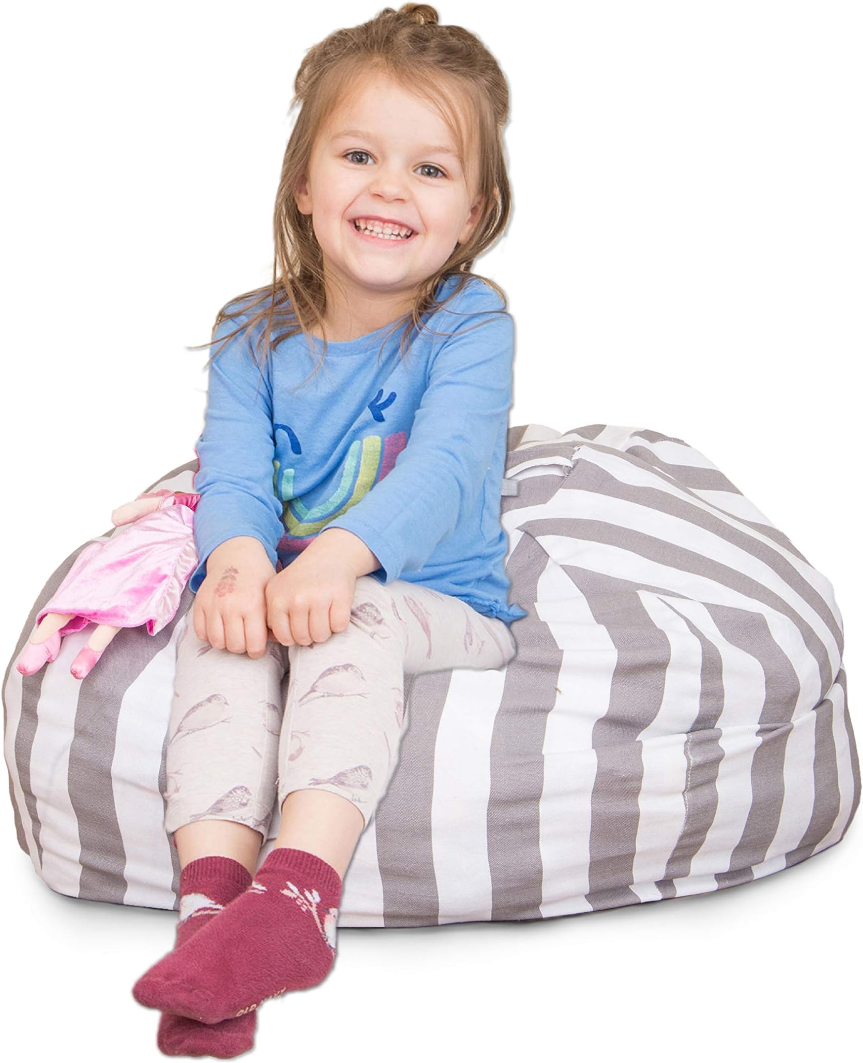 Stuffed Animal Bean Bag Chair for Kids, Large Storage for Toys and More, Gray and White Stripe Lounger for Children, 27"