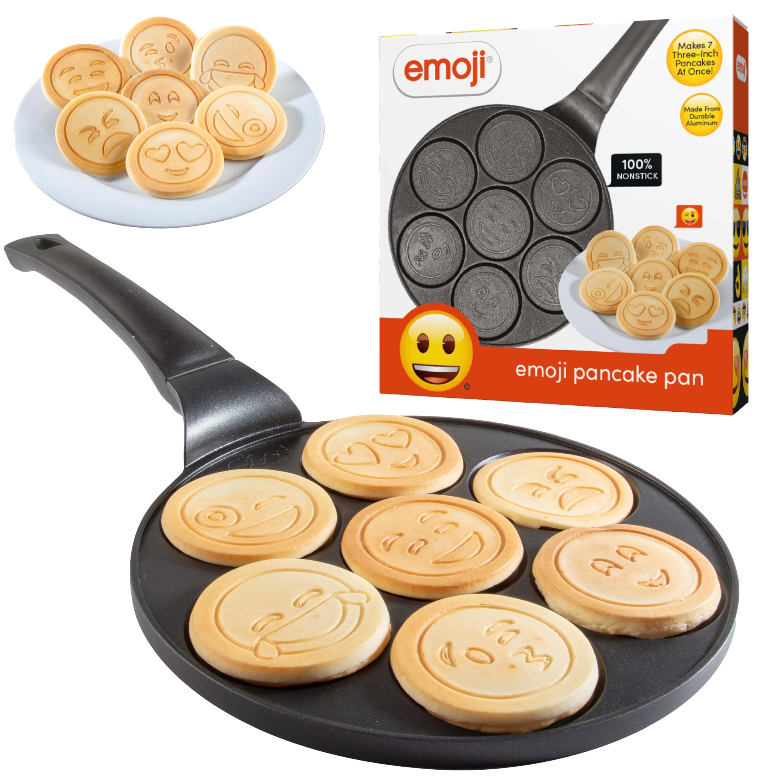 Official Emoji Liscense - Large NonStick Smiley Heart Face Pancake Pan Griddle- 7 Fun Mini Faces- Heavy Duty Stovetop Skillet Maker- Pan Cakes for Kids Holiday Breakfast & Brunch- Valentines Day Gift