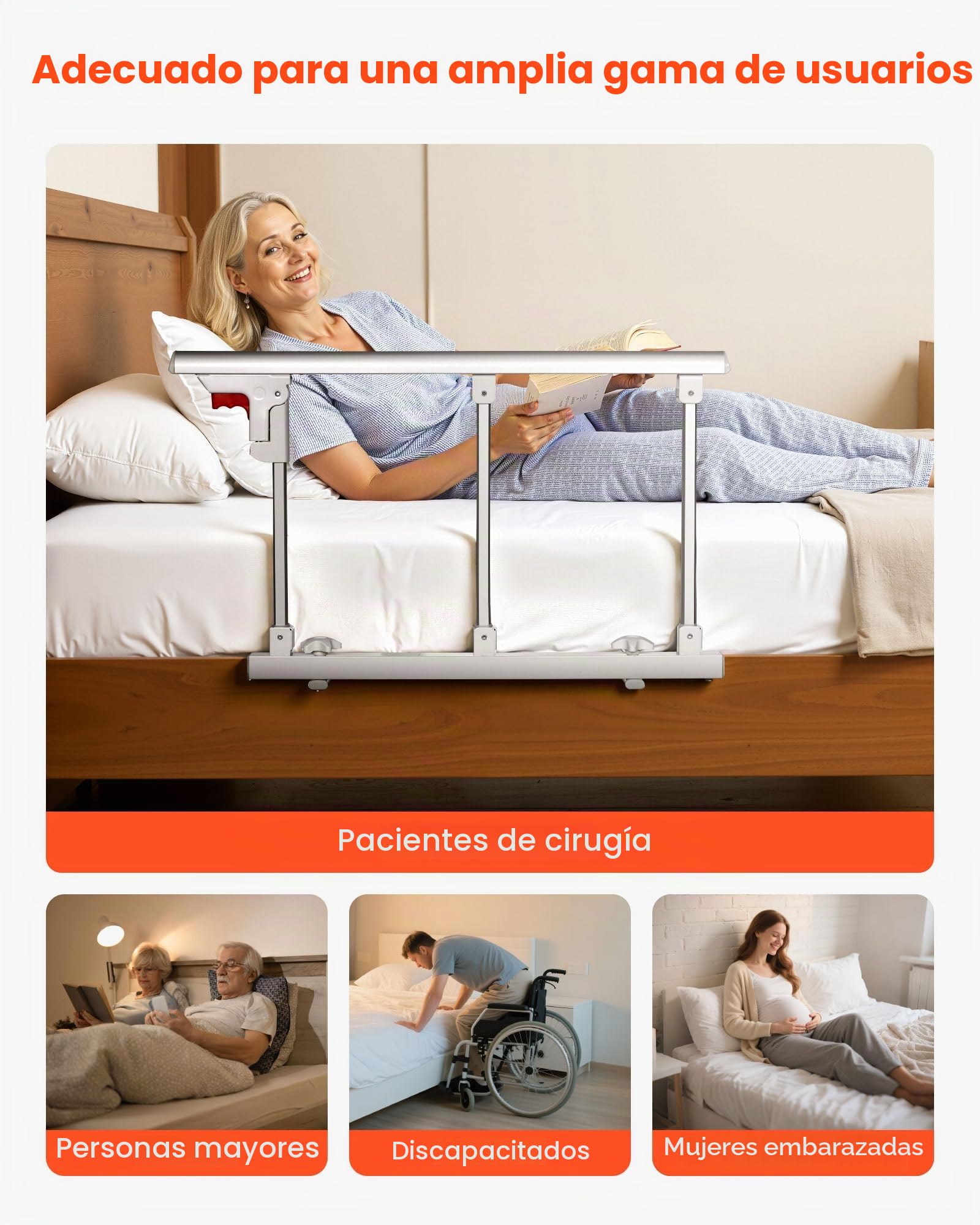 VEVOR Barandilla de Cama Plegable a Personas Mayores, 70 cm, con Correa de Sujeción, Protección Anticaídas y Protección de Bordes, Compatible con Camas King, Queen, Matrimoniales e Individuales