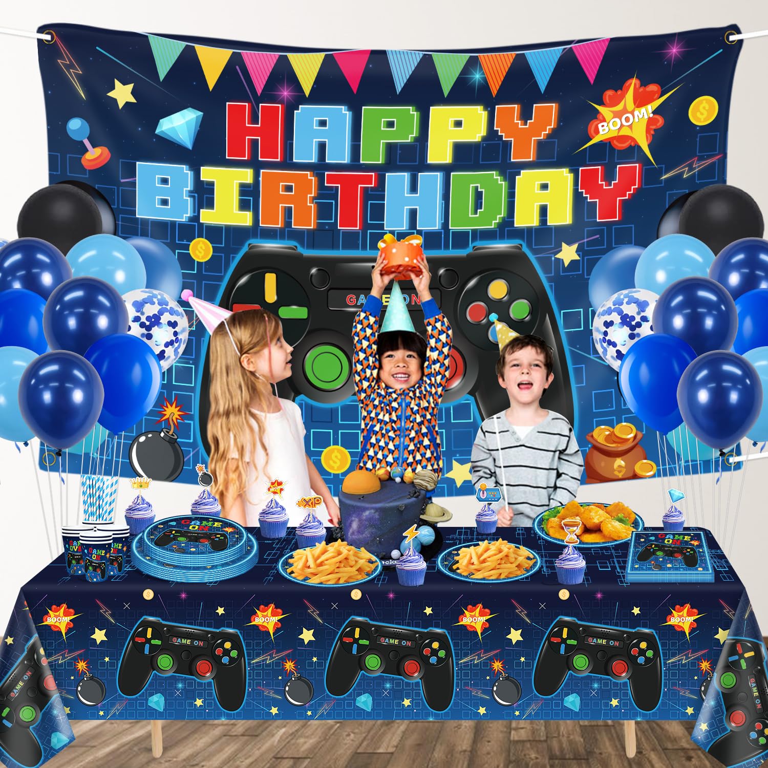 146 Pezzi Decorazioni per Compleanno a Tema Videogioco Accessori per Giochi Set di Stoviglie per Feste di Videogiochi Compreso Sfondo, Piatti e Tovaglia per Decorazioni di Compleanno Bambini per 20