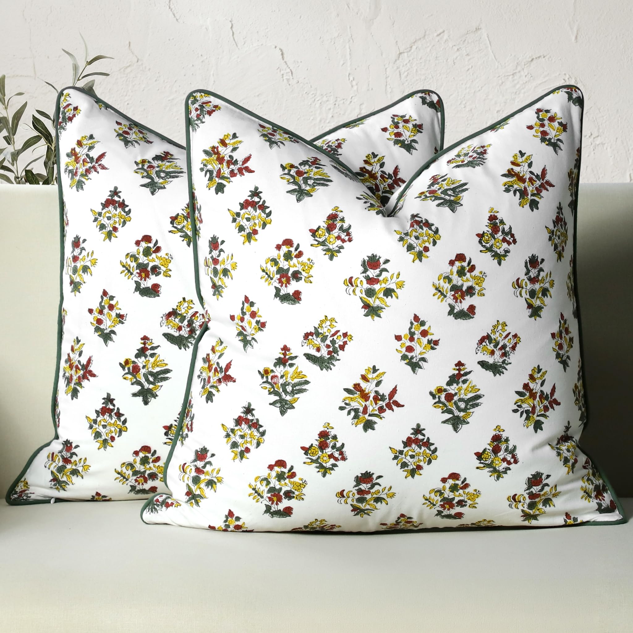 CPC 100% Cotton Throw Pillow Covers 24x24 Inch, Set of 2 Green Block Print Pattern Couch Pillow, Cute Boho Decorative Pillows for Living Room, Bedroom