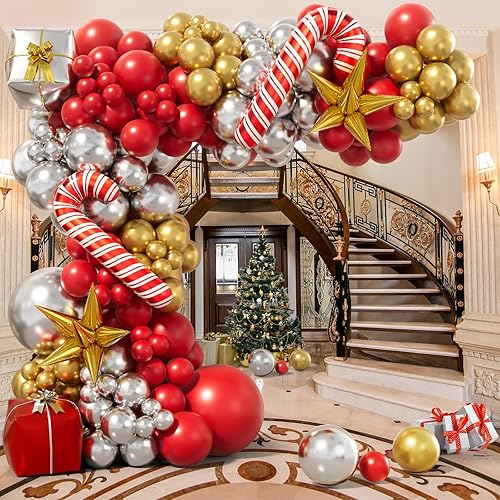 Miniatura 4 de Bonropin Kit de arco de guirnalda de globos de Navidad con globos rojos y dorados de Navidad, globos de bastón de caramelo, caja de regalo, globos