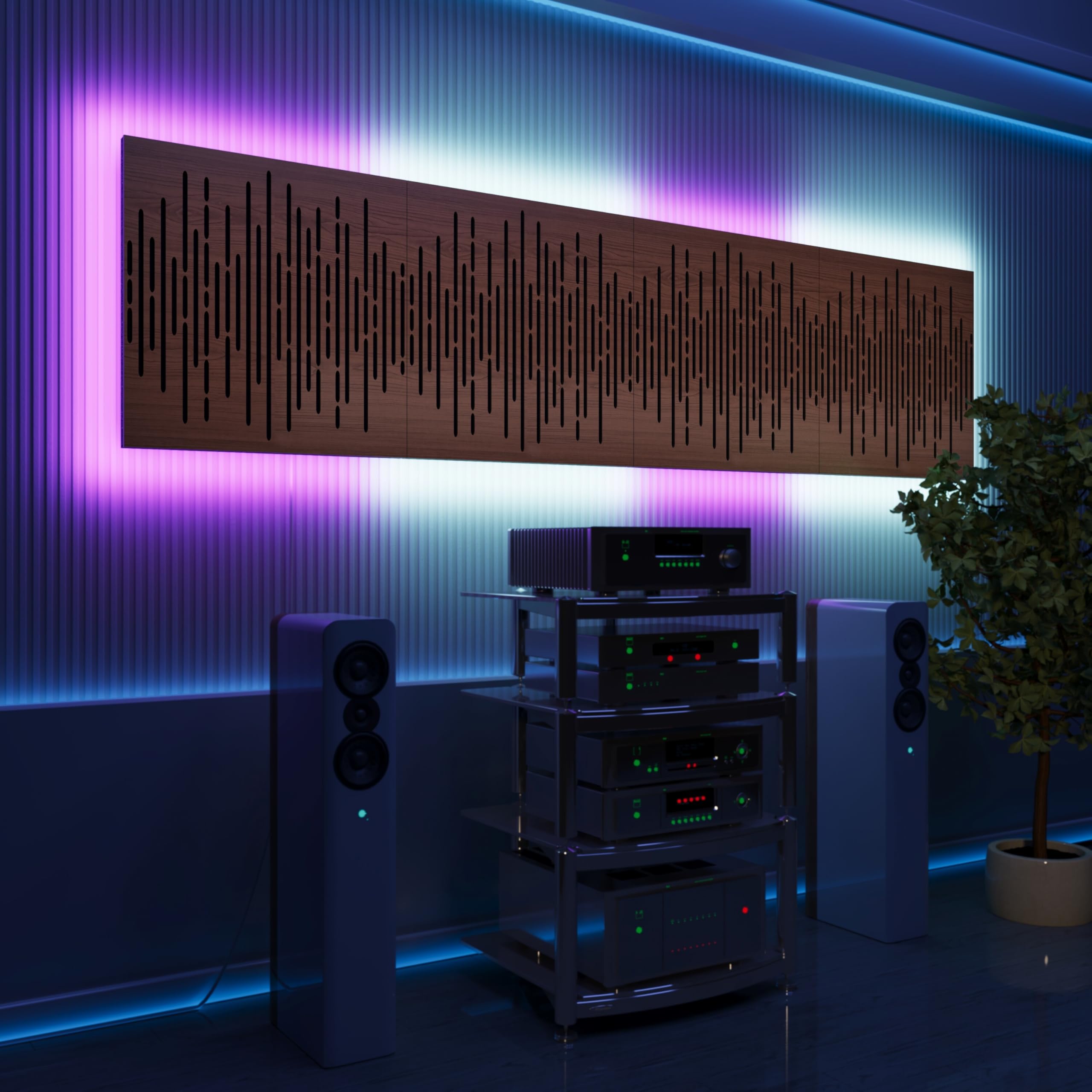 Paneles acústicos LED de pared con luz RGB | Espuma absorbente con iluminación ambiental | Control del eco para estudio, gaming y podcast | [4x WAVE - Agrupados | Nogal]