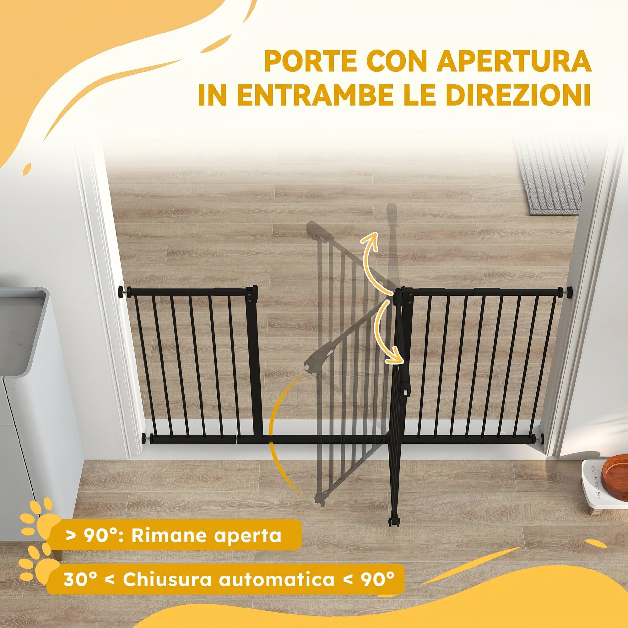 PawHut Cancellino per Cani e Animali Domestici 3 Estensioni Larghezza Regolabile Fine a 147.5 cm, Cancello per Cani con Fissaggio a Pressione Senza Fori e Chiusura Automatica, Nero