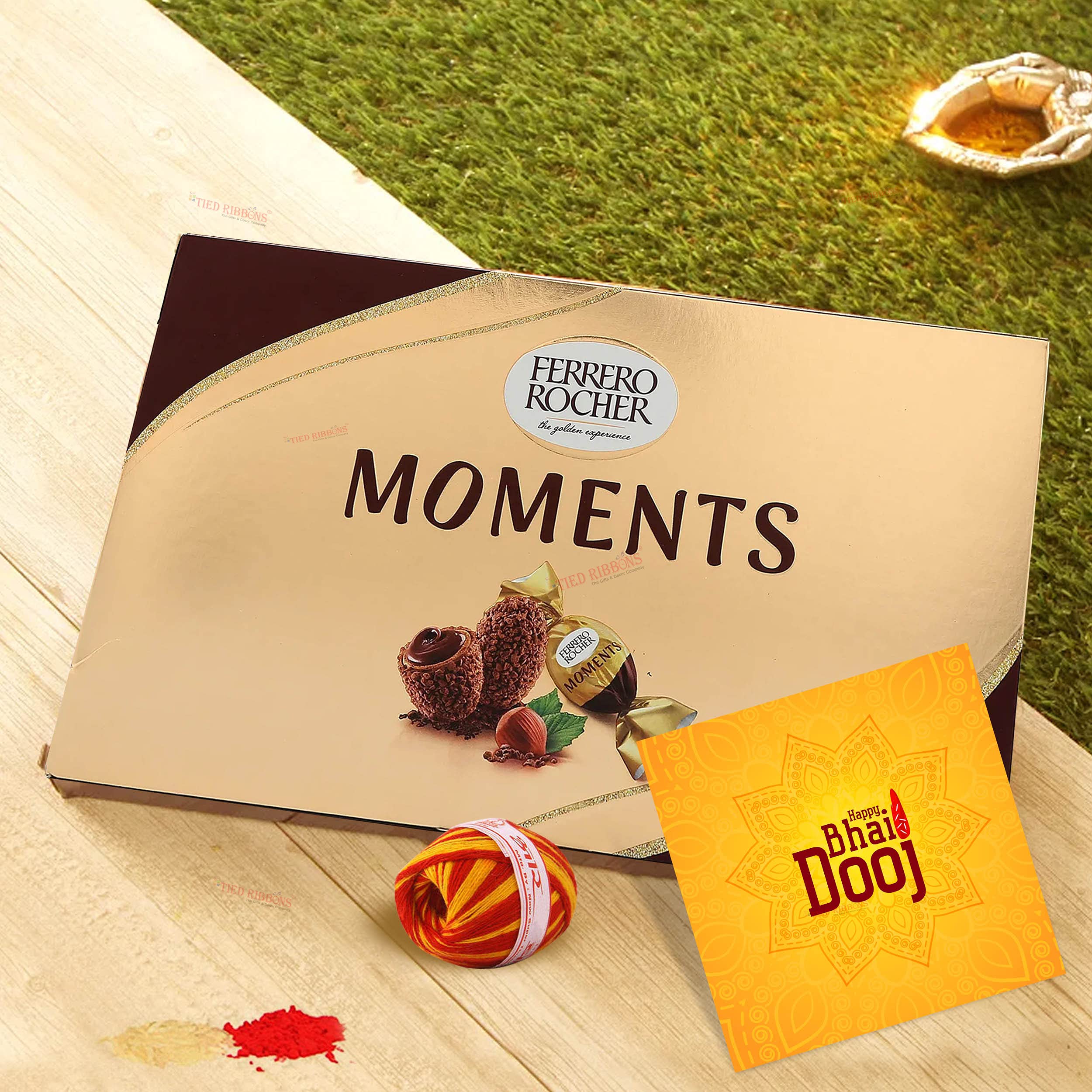 TIED RIBBONS Bhai Dooj Gift Set for Brother with Hersheys Kisses Moments Chocolate Box (12 pcs) Mini Ganesha Idol Statue Greeting Card and Kalawa Roli Chawal Combo Pack