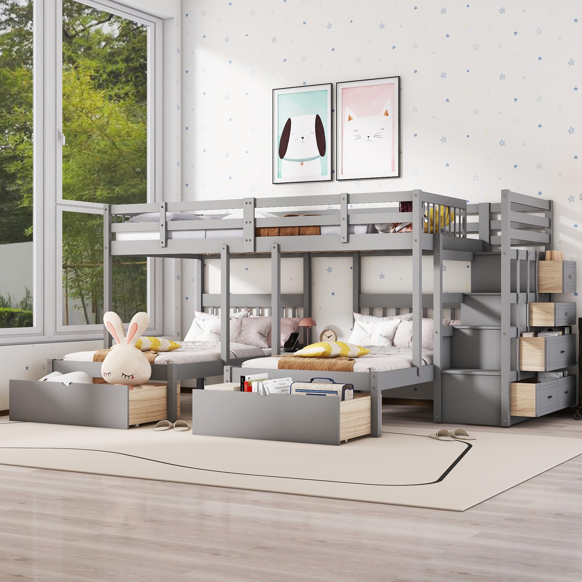 Harper & Bright Designs Triple Bunk Beds with Drawers, Wood Full Over Twin & Twin Bunk Bed with Storage Staircase, Triple Bed for Kids,3 Bed Bunk Beds with Storage for Girls Boys,Grey (Box 3 of 3 Only)