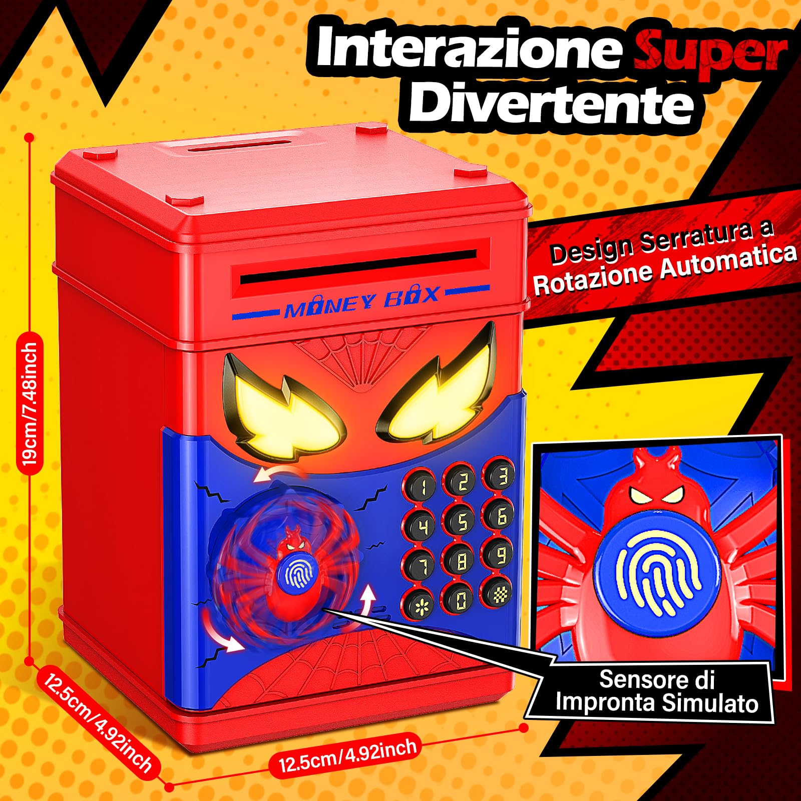 Salvadanaio Bambini - Salvadanaio Elettronico Cassaforte Spider con Impronta Digitale e Codice, Regalo Gioco Educativo Bambini 3 4 5 6 7 8 10 12 Anni